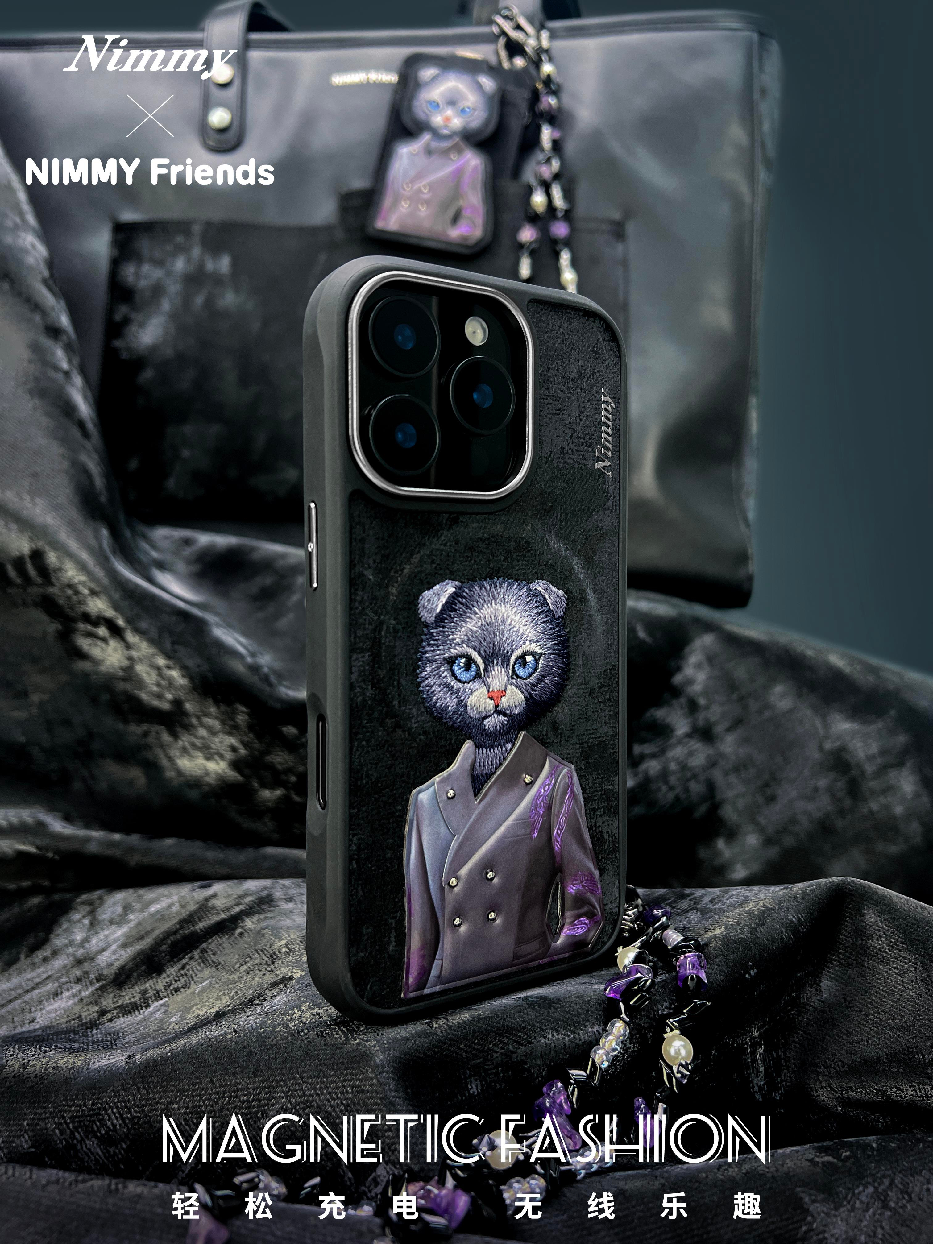 NIMMY iPhone 16 Pro 3D Gerçek Nakış işlemeli MagSafe Özellikli Magnetic Fashion Pet Mavi Kedili Silikon Kılıf