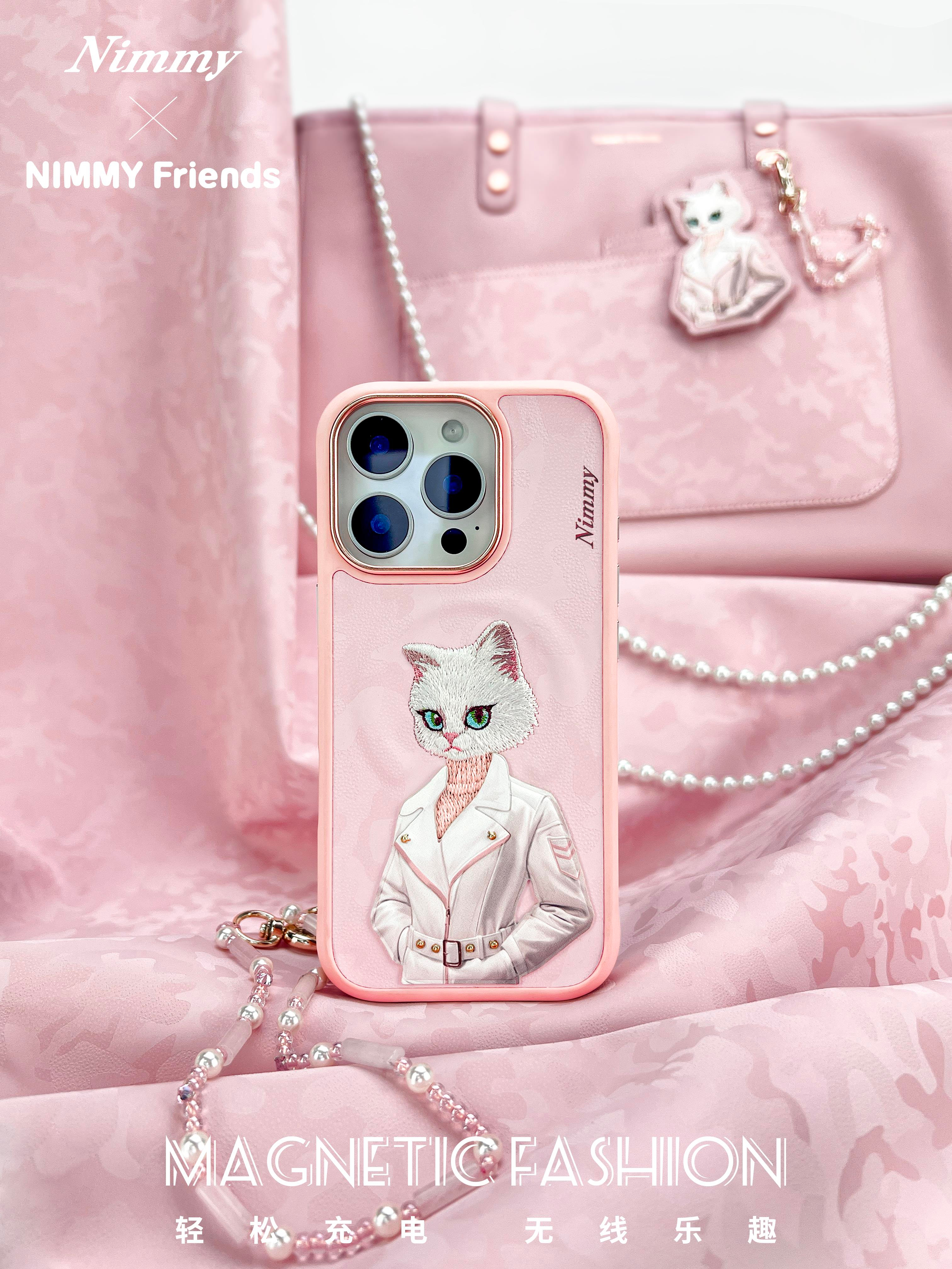 NIMMY iPhone 16 Pro 3D Gerçek Nakış işlemeli MagSafe Özellikli Magnetic Fashion Pet Beyaz Kedili Silikon Kılıf
