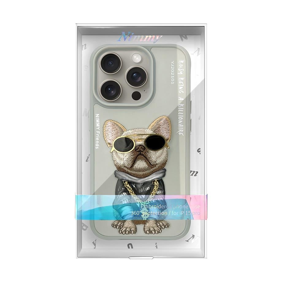 NIMMY iPhone 16 Pro 3D Gerçek Nakış İşleme Kabartmalı Köpek Zincir Gözlük Detaylı Cool Glasses Silikon Kılıf