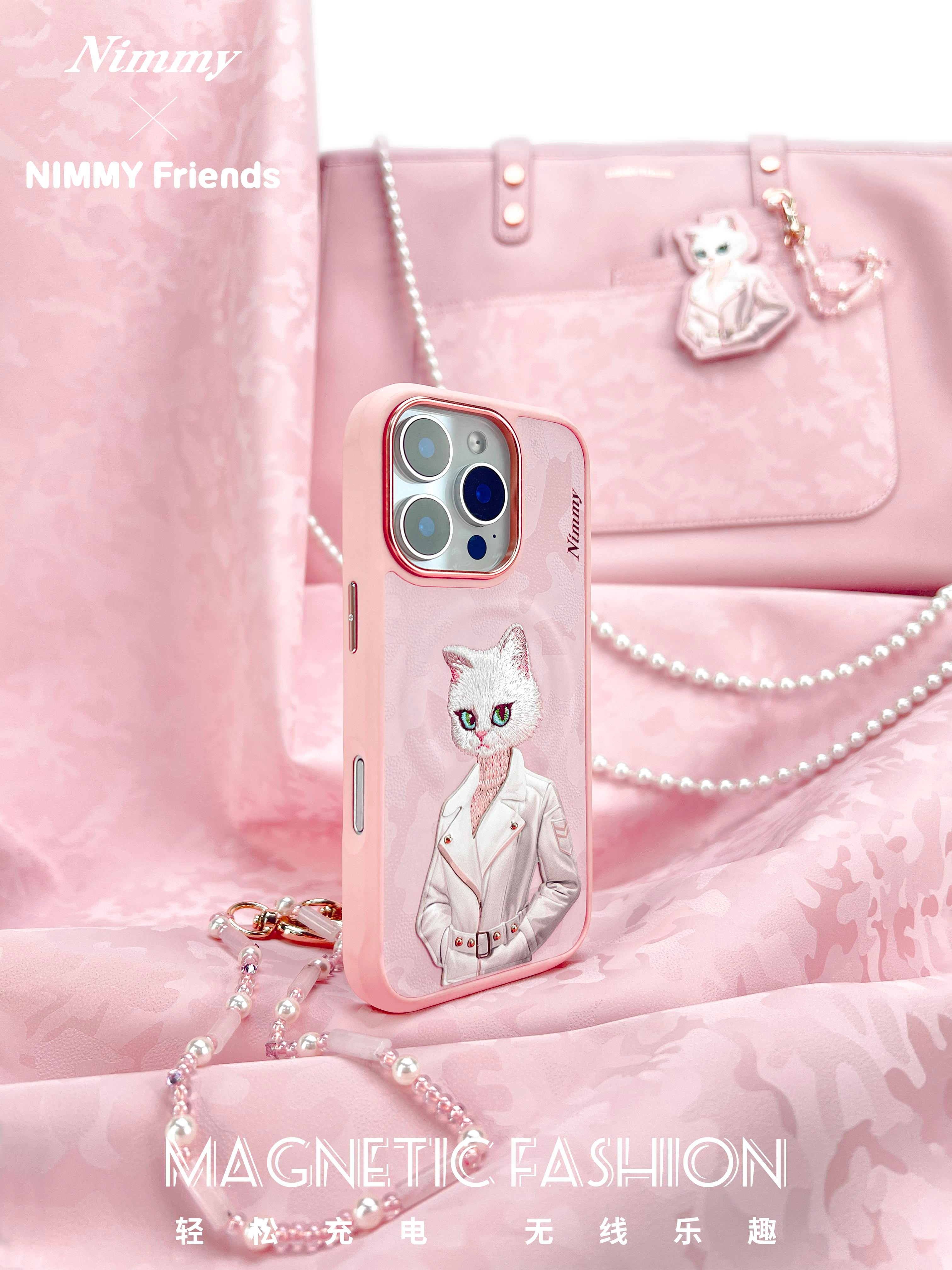 NIMMY iPhone 16 Pro 3D Gerçek Nakış işlemeli MagSafe Özellikli Magnetic Fashion Pet Beyaz Kedili Silikon Kılıf