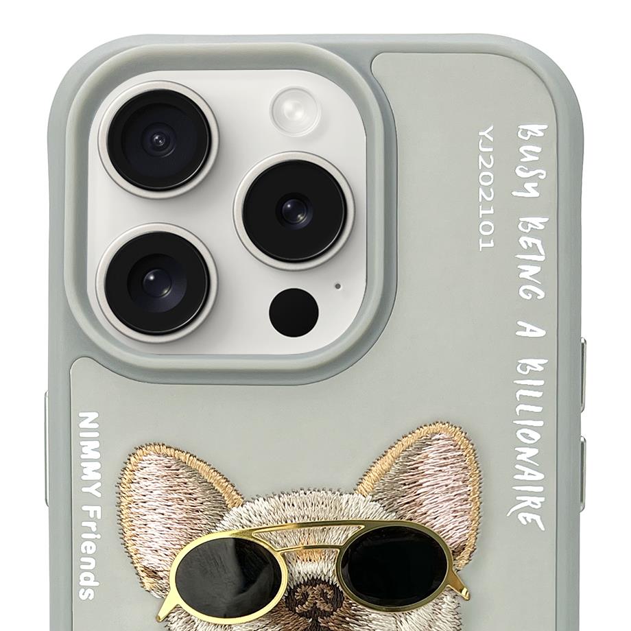 NIMMY iPhone 16 Pro 3D Gerçek Nakış İşleme Kabartmalı Köpek Zincir Gözlük Detaylı Cool Glasses Silikon Kılıf