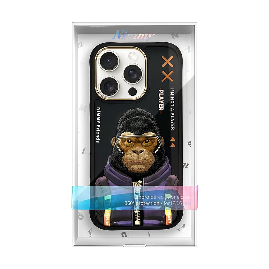 NIMMY iPhone 16 Pro 3D Gerçek Nakış İşlemeli Kabartmalı Gözlük Fermuar Mont Gorilla Detaylı Cool Cute 2.0 Silikon Kılıf