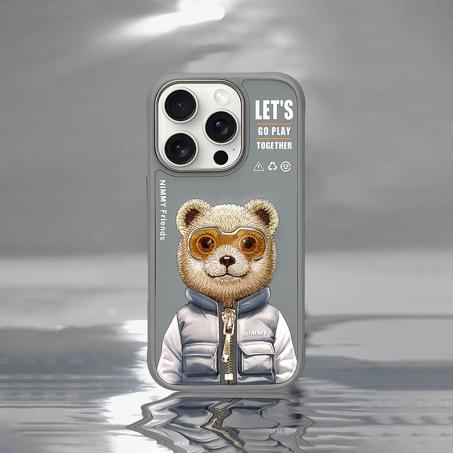 NIMMY iPhone 16 Pro 3D Gerçek Nakış İşlemeli Kabartmalı Gözlük Fermuar Mont Ayıcık Detaylı Cool Cute 2.0 Silikon Kılıf