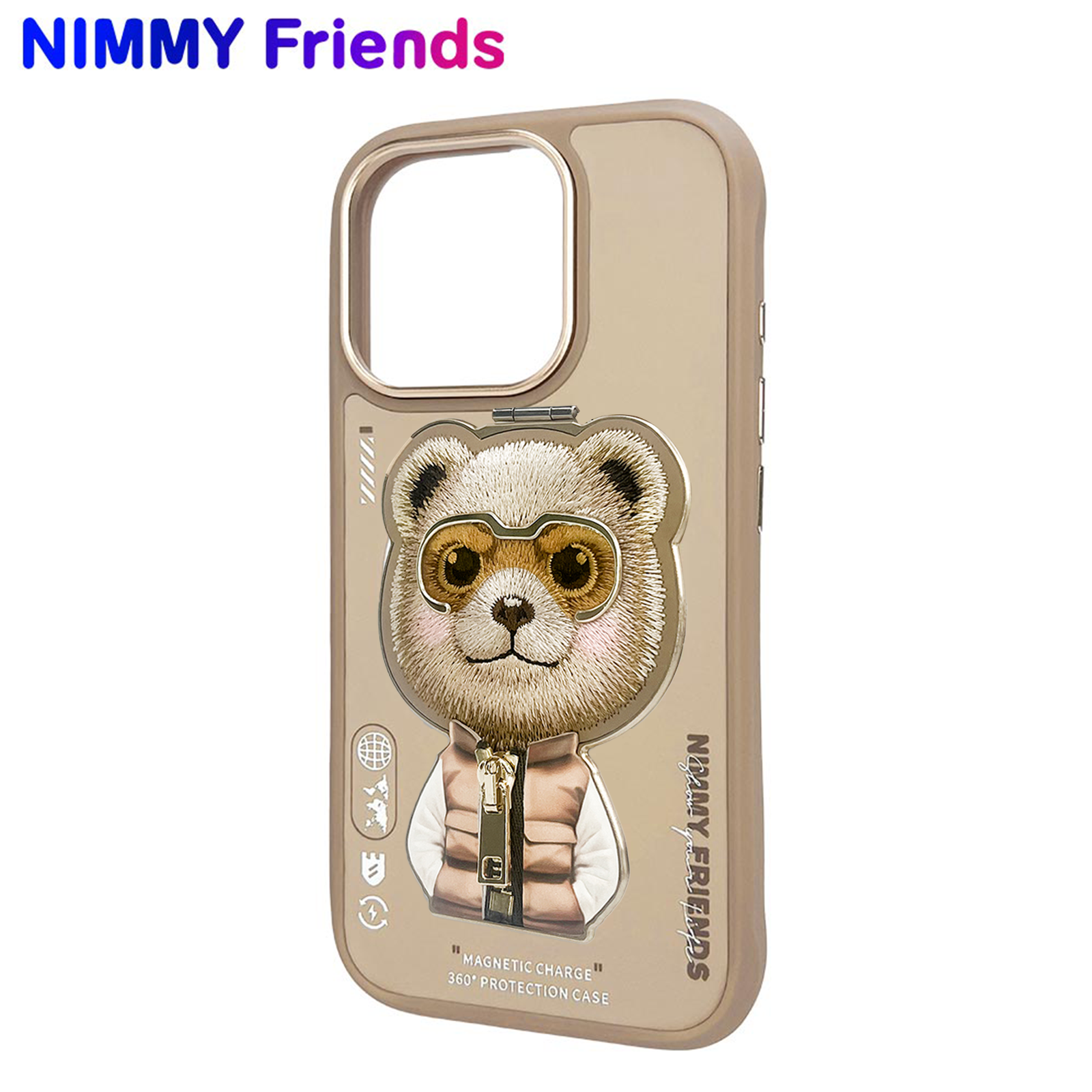 NIMMY iPhone 16 Pro Max 3D Değiştirelebilir MagSafe Özellikli Standlı Nakış ve Fermuar İşlemeli Köpek Animal Protection Silikon Kılıf