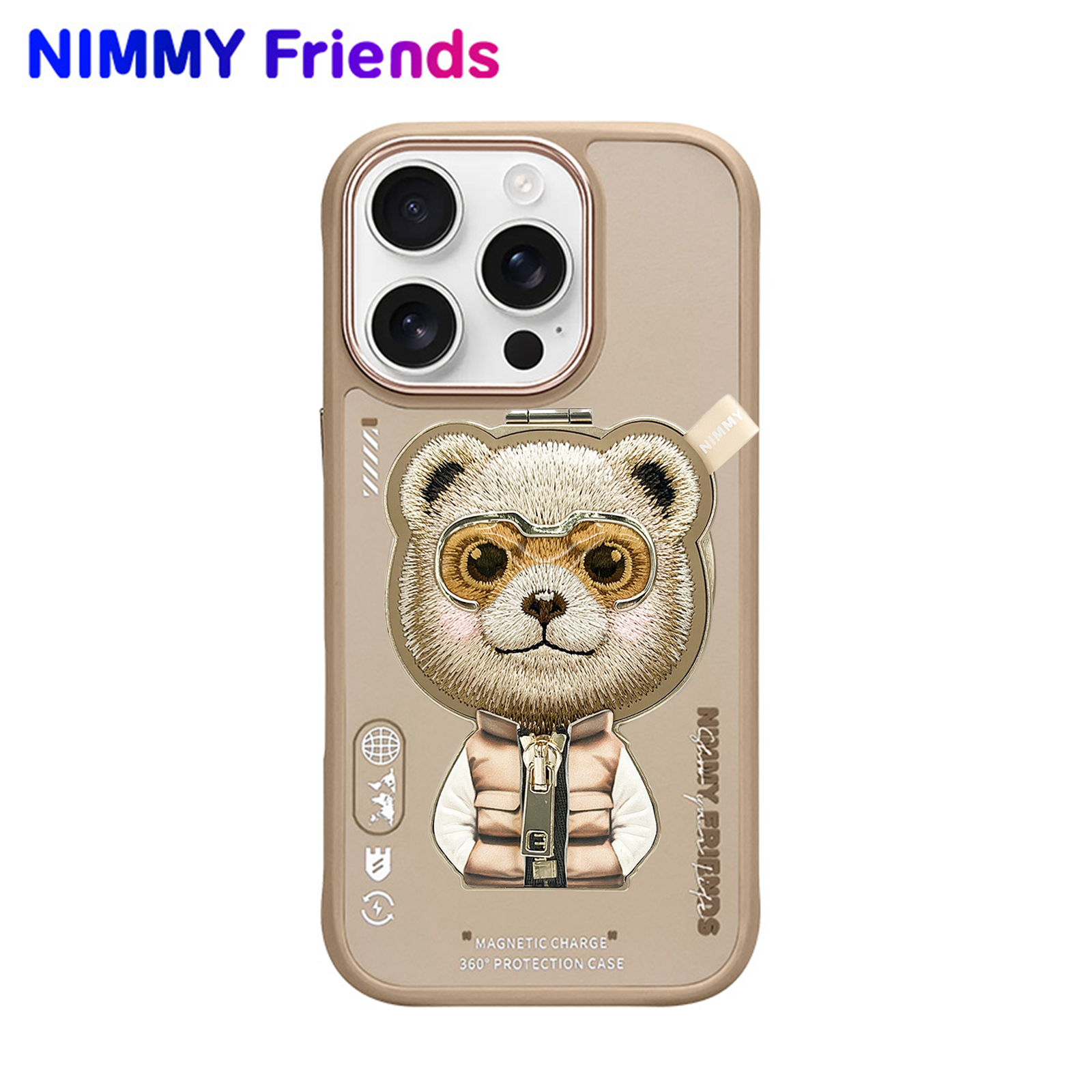 NIMMY iPhone 16 Pro Max 3D Değiştirelebilir MagSafe Özellikli Standlı Nakış ve Fermuar İşlemeli Köpek Animal Protection Silikon Kılıf