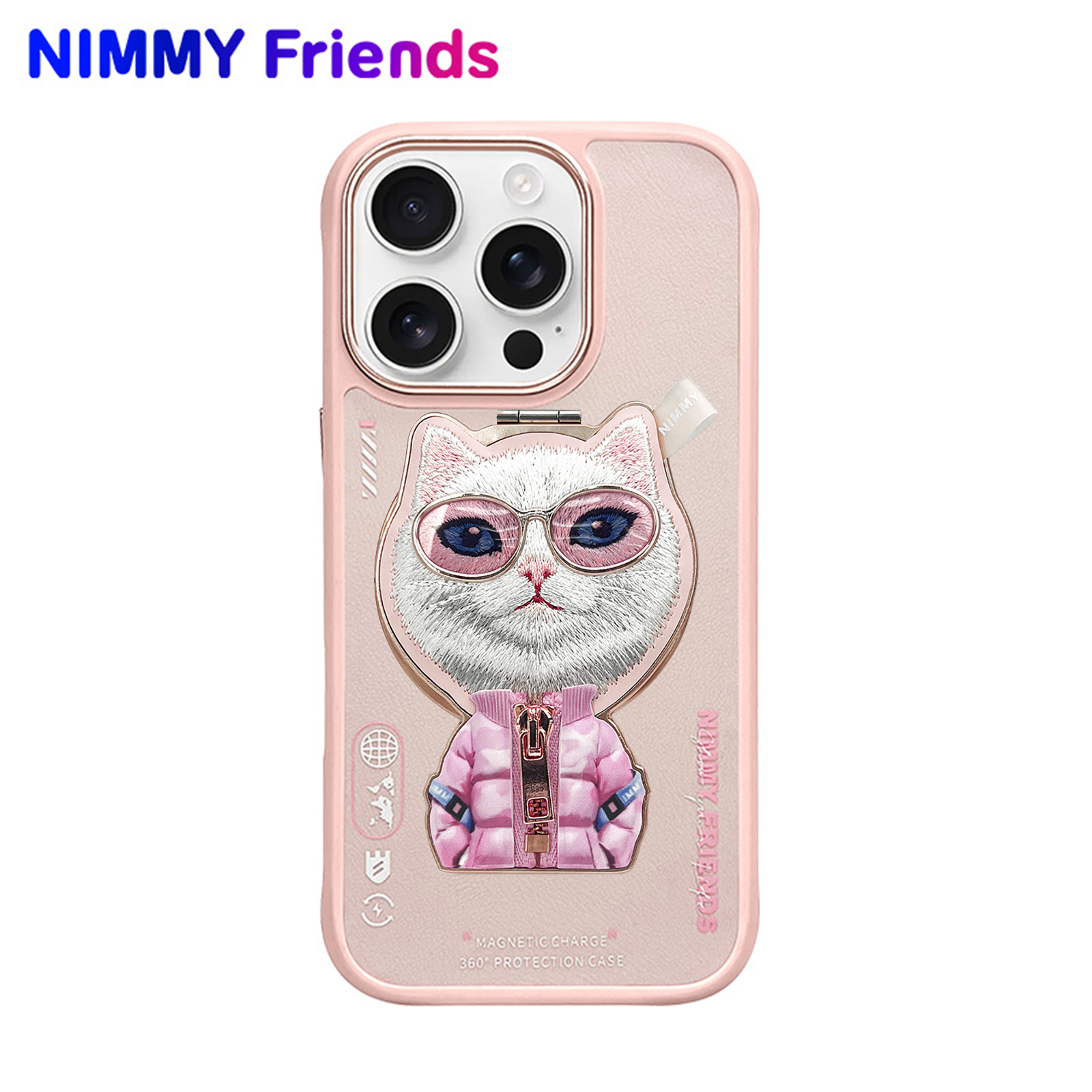 NIMMY iPhone 16 Pro Max 3D Değiştirilebilir MagSafe Özellikli Standlı Nakış ve Fermuar İşlemeli Kedi Animal Protection Silikon Kılıf