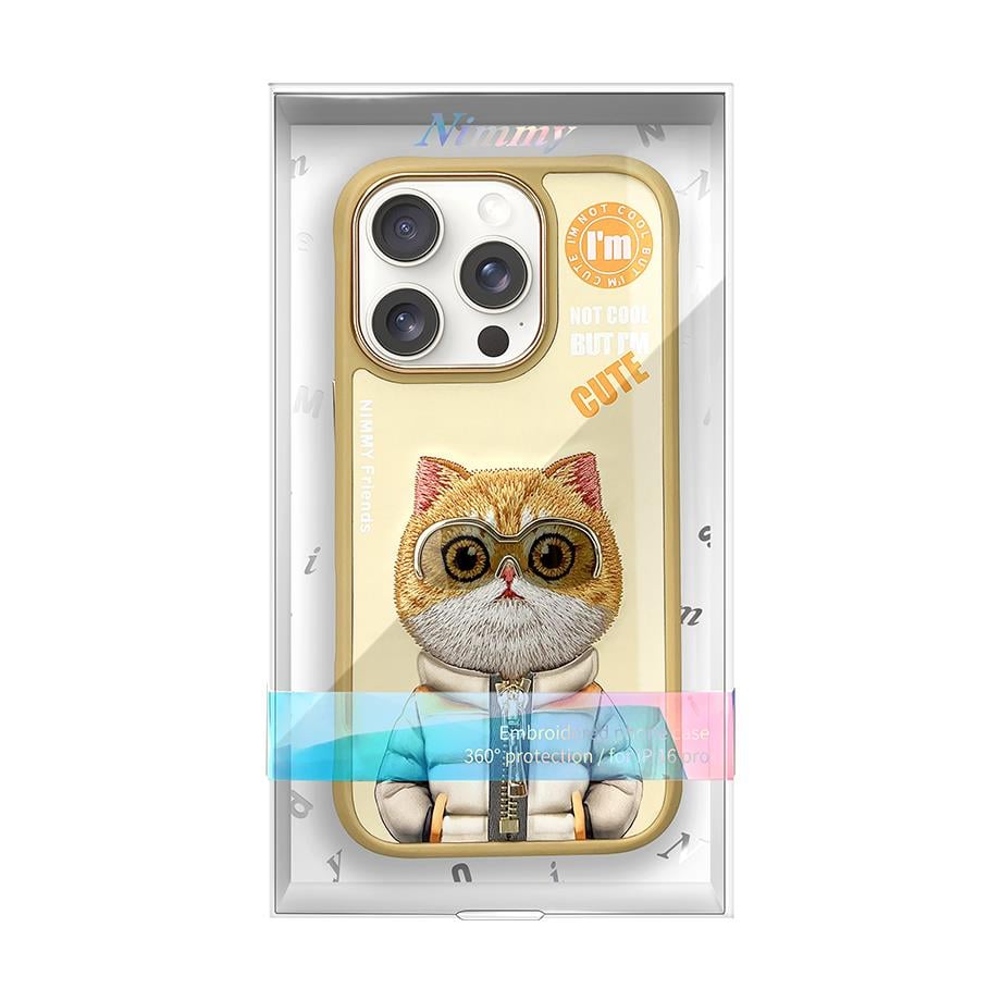 NIMMY iPhone 16 Pro Max 3D Gerçek Nakış İşlemeli Kabartmalı Gözlük Fermuar Mont Kedicik Detaylı Cool Cute 2.0 Silikon Kılıf
