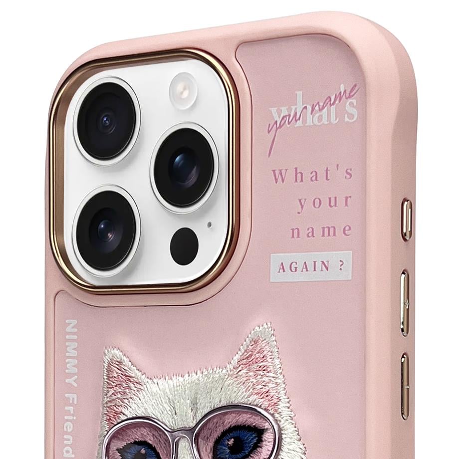 NIMMY iPhone 16 Pro Max 3D Gerçek Nakış İşlemeli Kabartmalı Gözlük Fermuar Mont Kedicik Detaylı Cool Cute 2.0 Silikon Kılıf