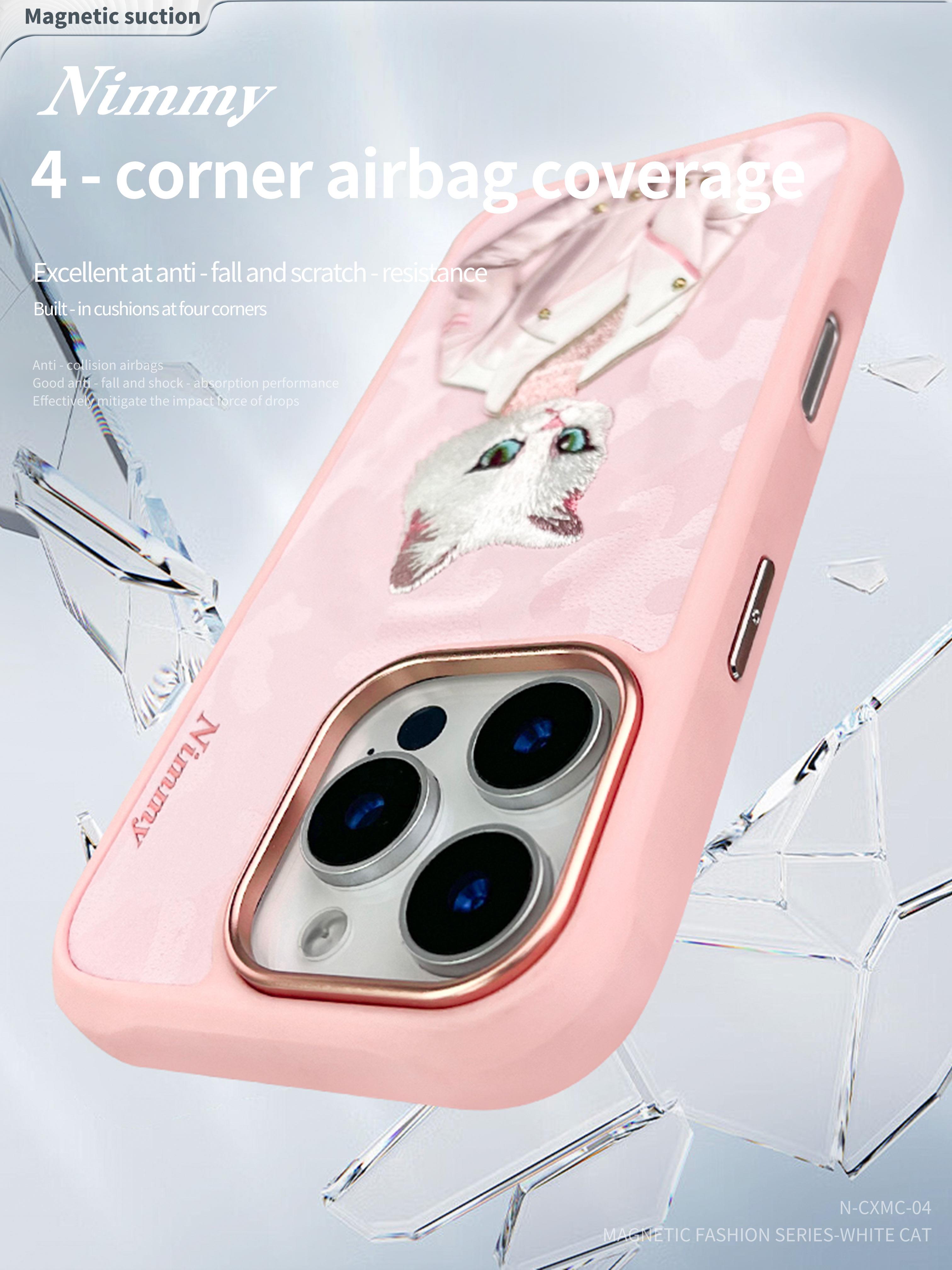 NIMMY iPhone 16 Pro Max 3D Gerçek Nakış işlemeli MagSafe Özellikli Magnetic Fashion Pet Beyaz Kedili Silikon Kılıf