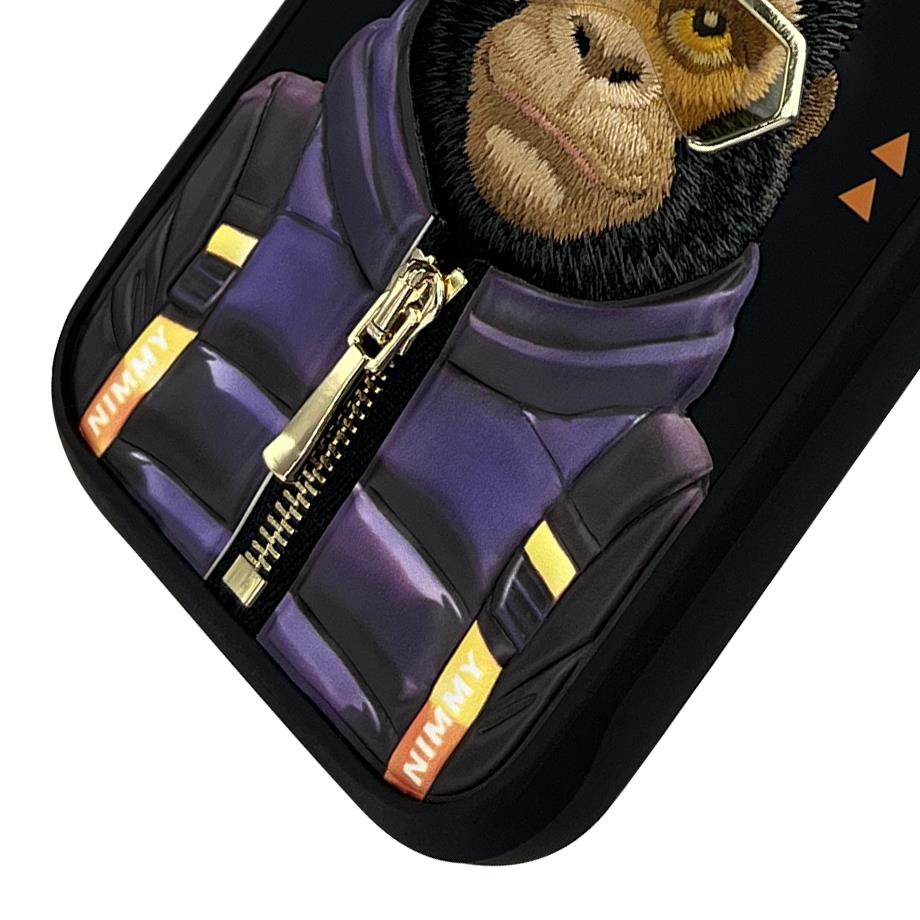 NIMMY iPhone 16 Pro Max 3D Gerçek Nakış İşlemeli Kabartmalı Gözlük Fermuar Mont Gorilla Detaylı Cool Cute 2.0 Silikon Kılıf