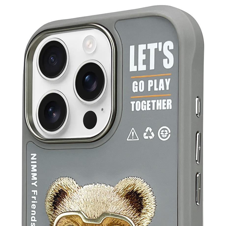 NIMMY iPhone 16 Pro Max 3D Gerçek Nakış İşlemeli Kabartmalı Gözlük Fermuar Mont Ayıcık Detaylı Cool Cute 2.0 Silikon Kılıf