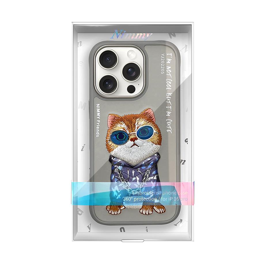 NIMMY iPhone 16 Pro Max 3D Gerçek Nakış İşleme Kabartmalı Kedi Zincir Gözlük Detaylı Cool Glasses Silikon Kılıf