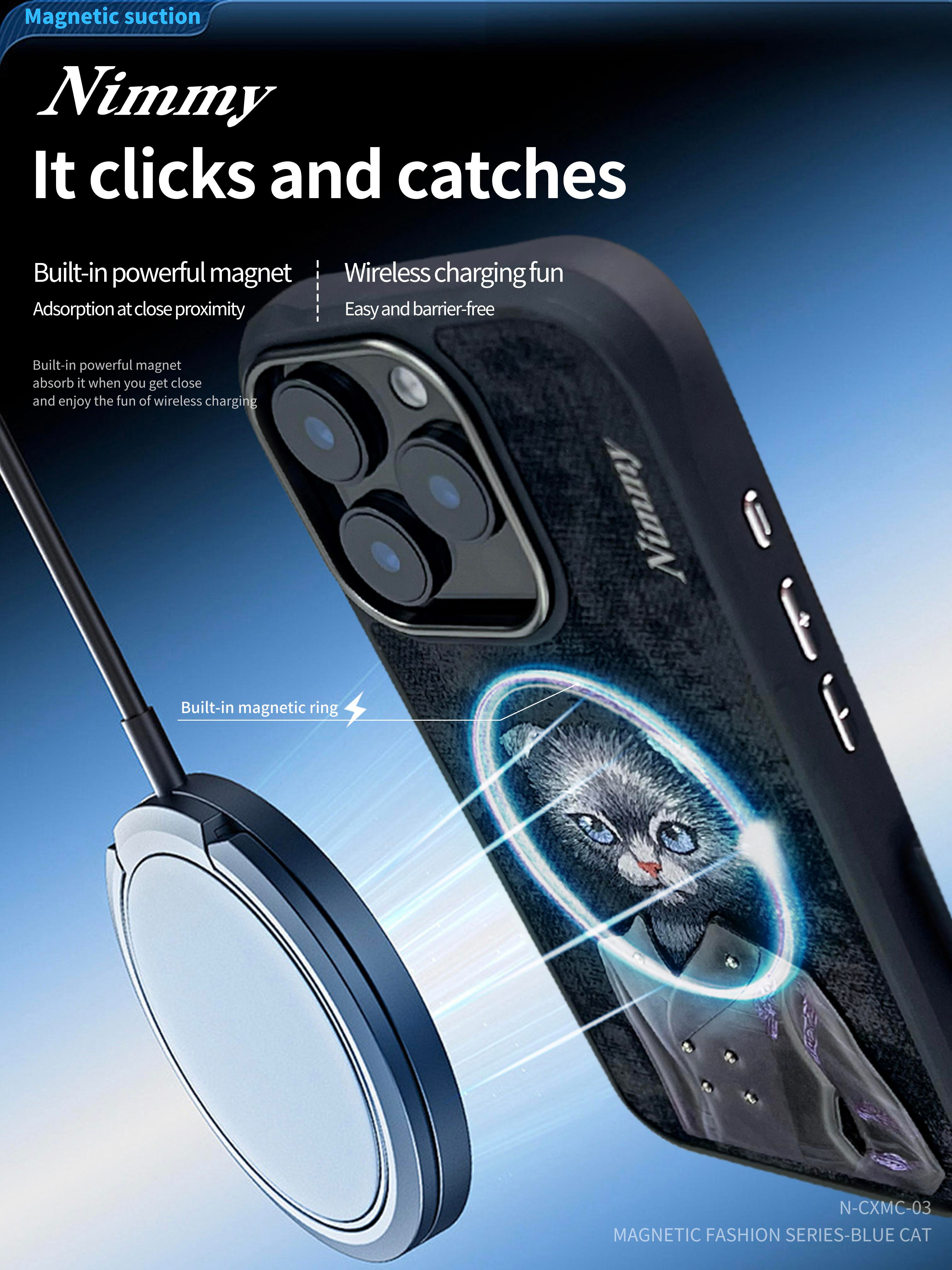 NIMMY iPhone 16 Pro Max 3D Gerçek Nakış işlemeli MagSafe Özellikli Magnetic Fashion Pet Mavi Kedili Silikon Kılıf
