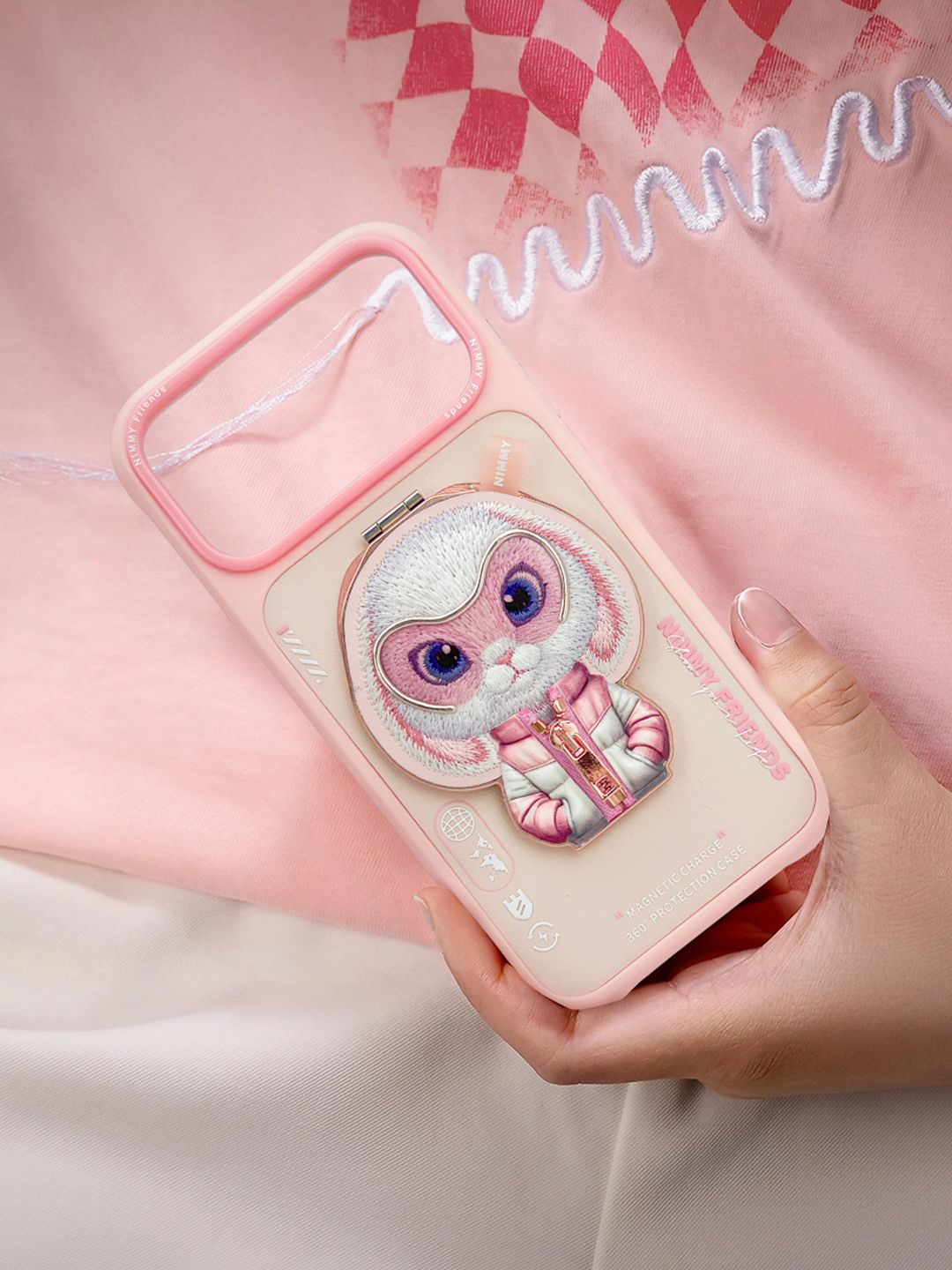 NIMMY iPhone 17 Pro Max Uyumlu MagSafe Özellikli Pembe Tavşan Aparatlı Cool And Cute 2.0 Telefon Kılıfı