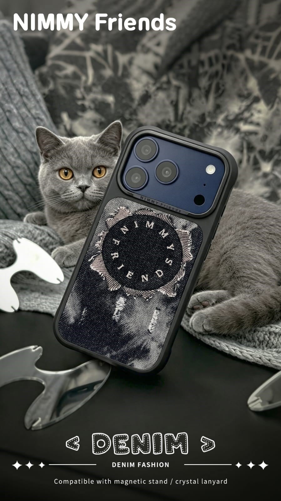 NIMMY iPhone 17 Pro Uyumlu MagSafe Özellikli Gerçek Kot Kaplamalı Metal Tuşlu Nimmy Kılıf