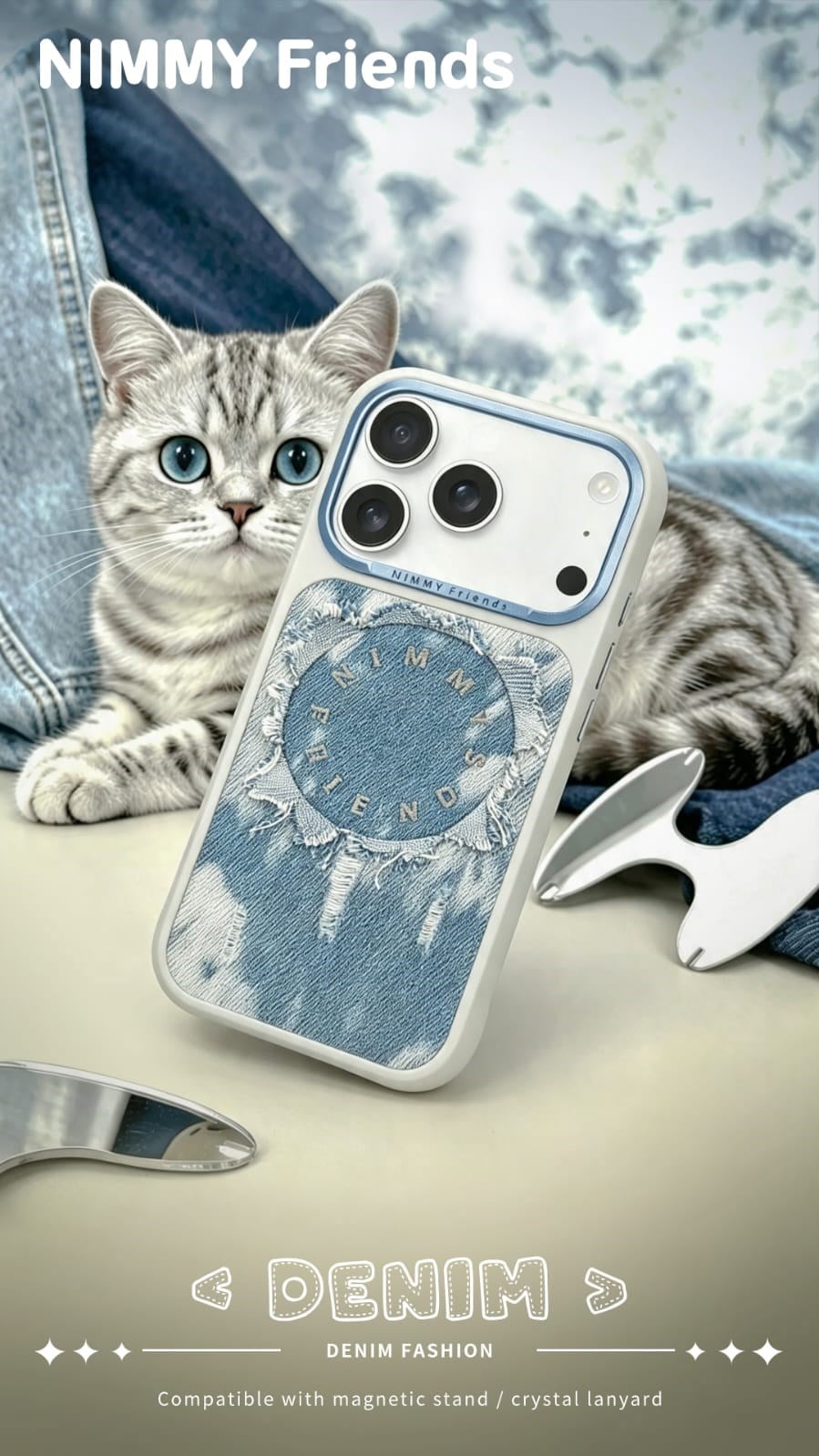 NIMMY iPhone 17 Pro Uyumlu MagSafe Özellikli Gerçek Kot Kaplamalı Metal Tuşlu Nimmy Kılıf