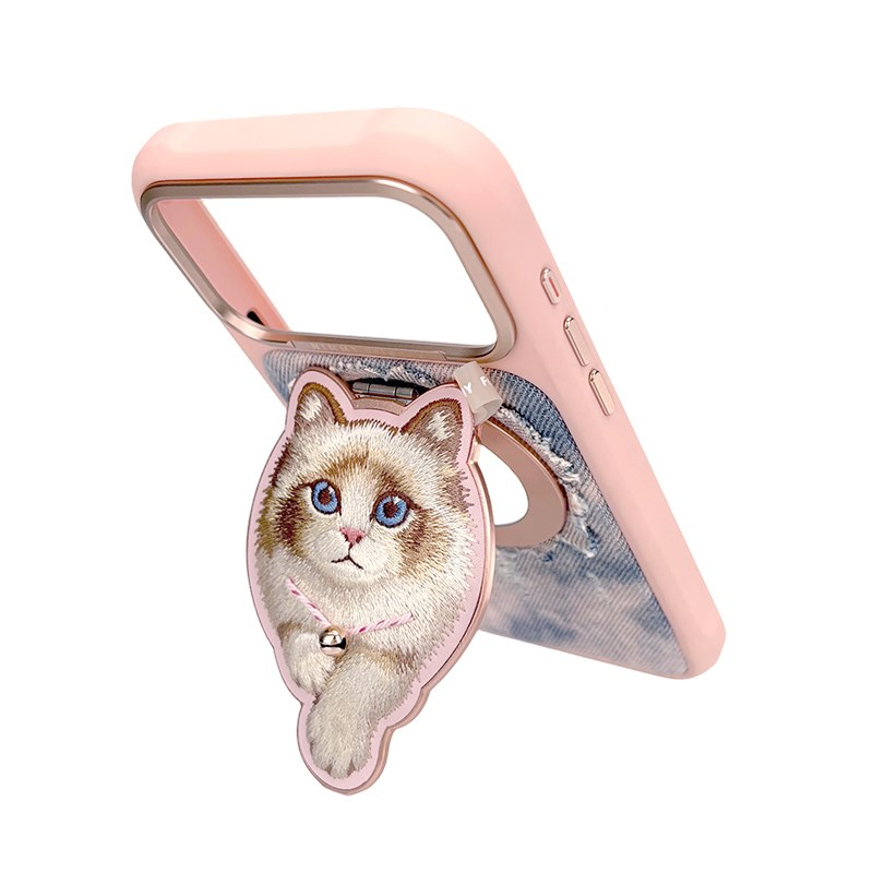 NIMMY İPhone 18 Pro Max Uyumlu MagSafe Özellikli Gerçek Kot Kaplamalı Kedi Figürlü Nimmy Kılıf Pembe