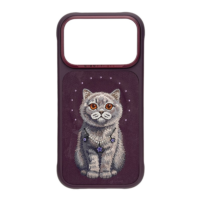 NIMMY iPhone 18 Pro Uyumlu MagSafe Taşlı Gerçek Gri Kedi Nakış İşlemeli Nimmy Telefon Kılıfı Özellikli  N-XYSS