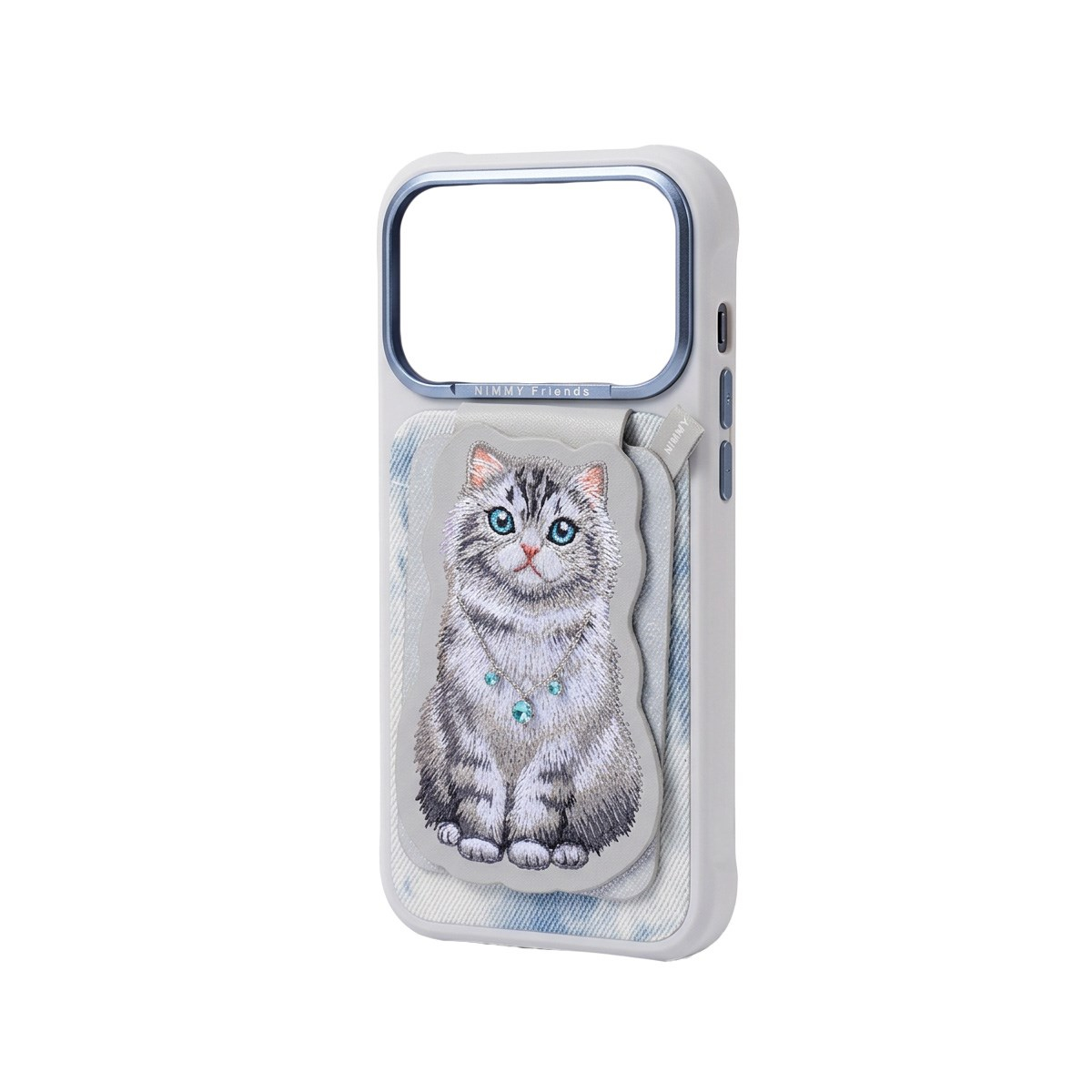 NIMMY Manyetik Standlı iPhone 18 Pro Max Uyumlu 3D Nakışlı Kedili Değiştirilebilir Kartlıklı Kılıf Gri