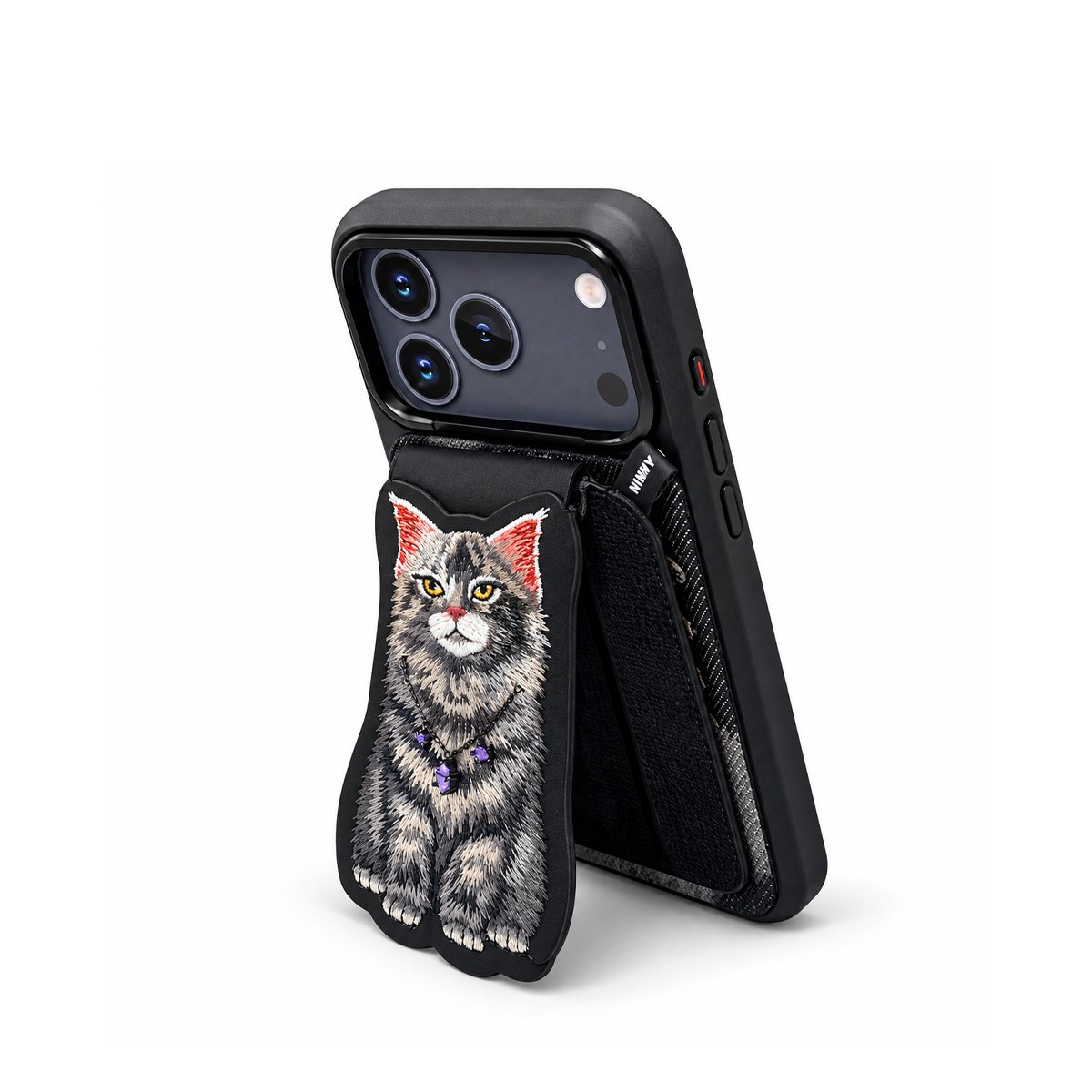 NIMMY Manyetik Standlı iPhone 18 Pro Max Uyumlu 3D Nakışlı Kedili Değiştirilebilir Kartlıklı Kılıf Siyah
