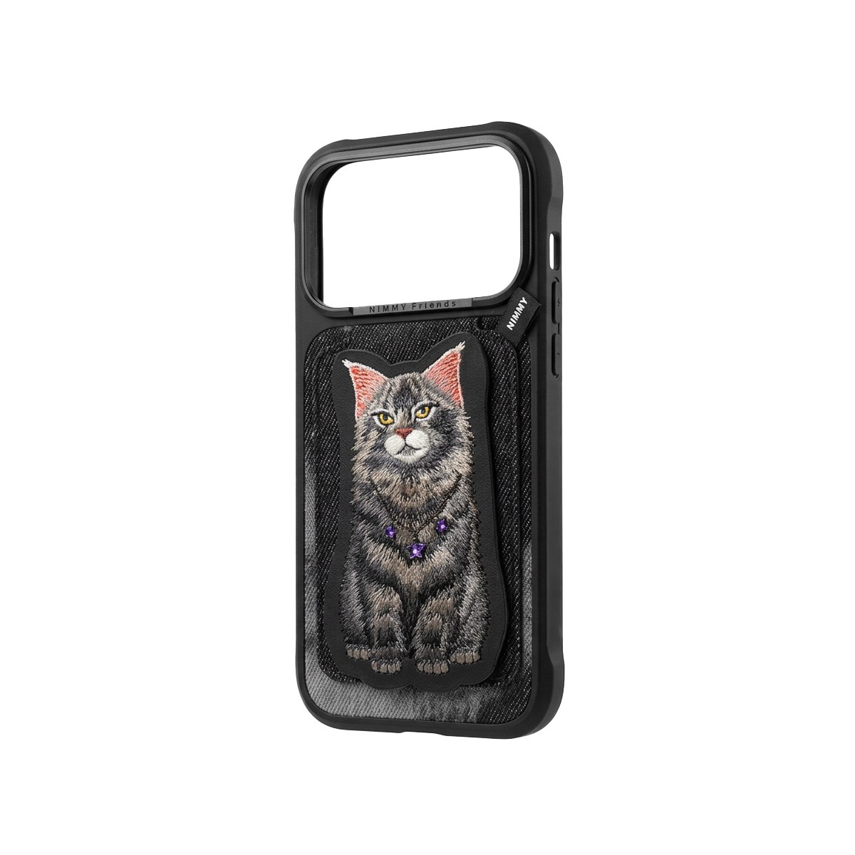 NIMMY Manyetik Standlı iPhone 18 Pro Max Uyumlu 3D Nakışlı Kedili Değiştirilebilir Kartlıklı Kılıf Siyah
