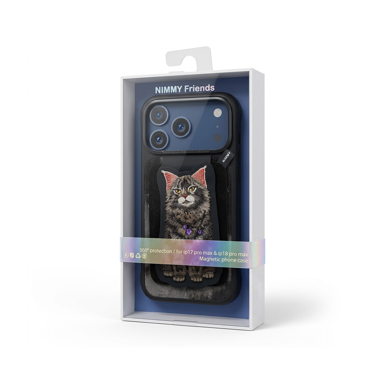 NIMMY Manyetik Standlı iPhone 18 Pro Max Uyumlu 3D Nakışlı Kedili Değiştirilebilir Kartlıklı Kılıf Siyah