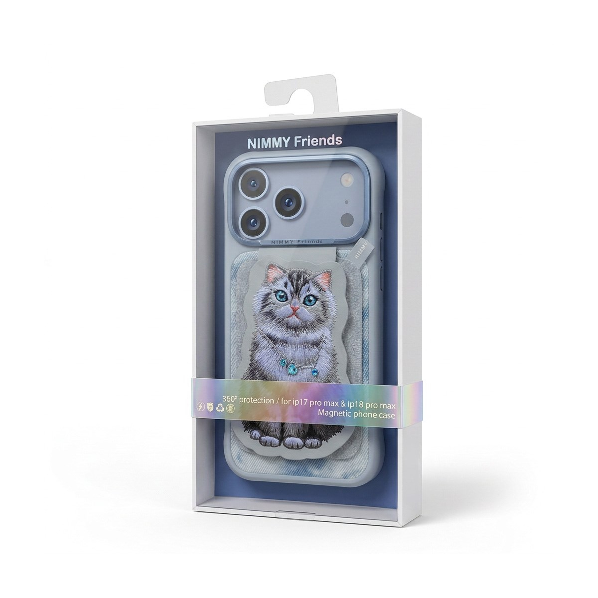 NIMMY Manyetik Standlı iPhone 18 Pro Uyumlu 3D Nakışlı Kedili Değiştirilebilir Kartlıklı Kılıf Gri