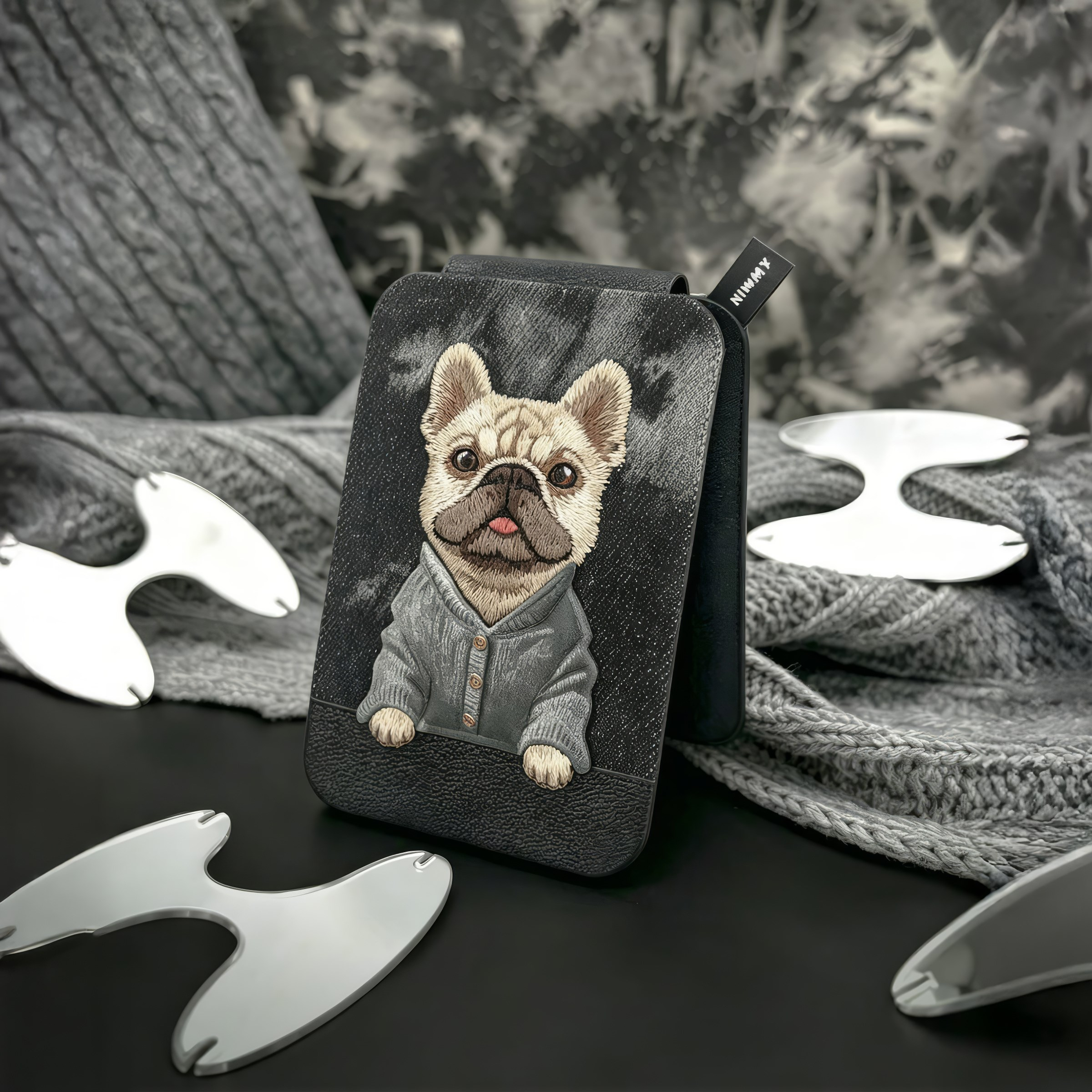 NIMMY Nimmy MagSafe Uyumlu | Değiştirilebilir Manyetik 3D Nakışlı Stand Ve Kartlık Siyah Bulldog