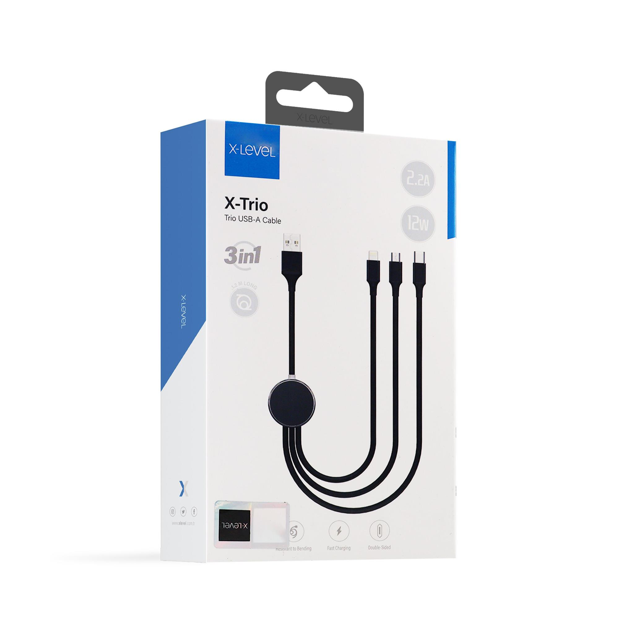 X-LEVELXCC8401 12W 2.2A Hızlı USB-A to Micro Lightning TYPE-C 3 in 1 1.2 Metre Hasır Data Şarj Veri Kablosu