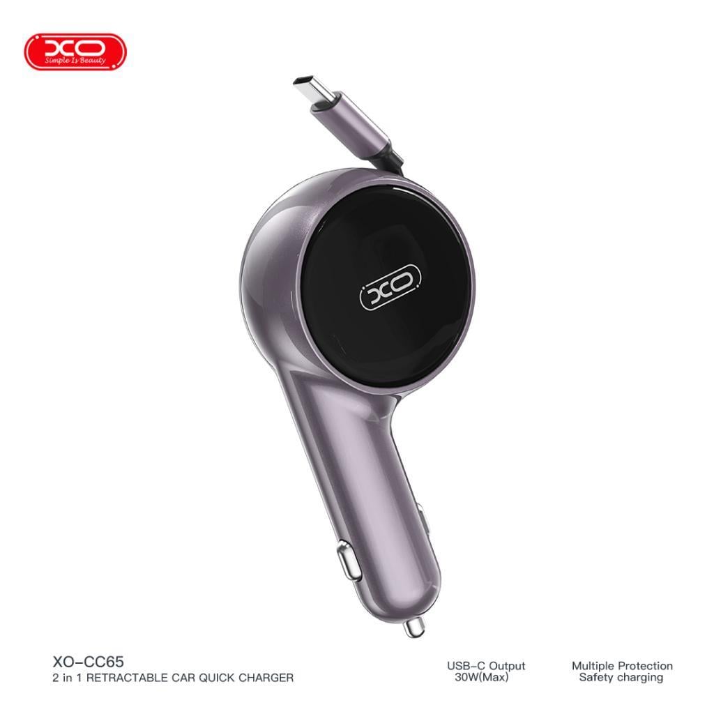 XO CC65 2-IN-1 60W USB-C (TYPE-C) Kablolu Çıkışlı Voltaj Gösterge Ekranlı Araç içi Şarj Aleti Adaptör Set