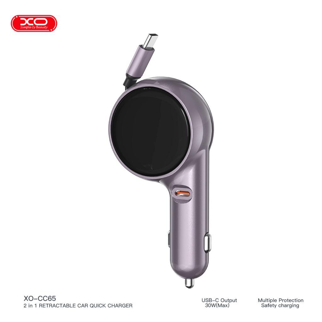 XO CC65 2-IN-1 60W USB-C (TYPE-C) Kablolu Çıkışlı Voltaj Gösterge Ekranlı Araç içi Şarj Aleti Adaptör Set