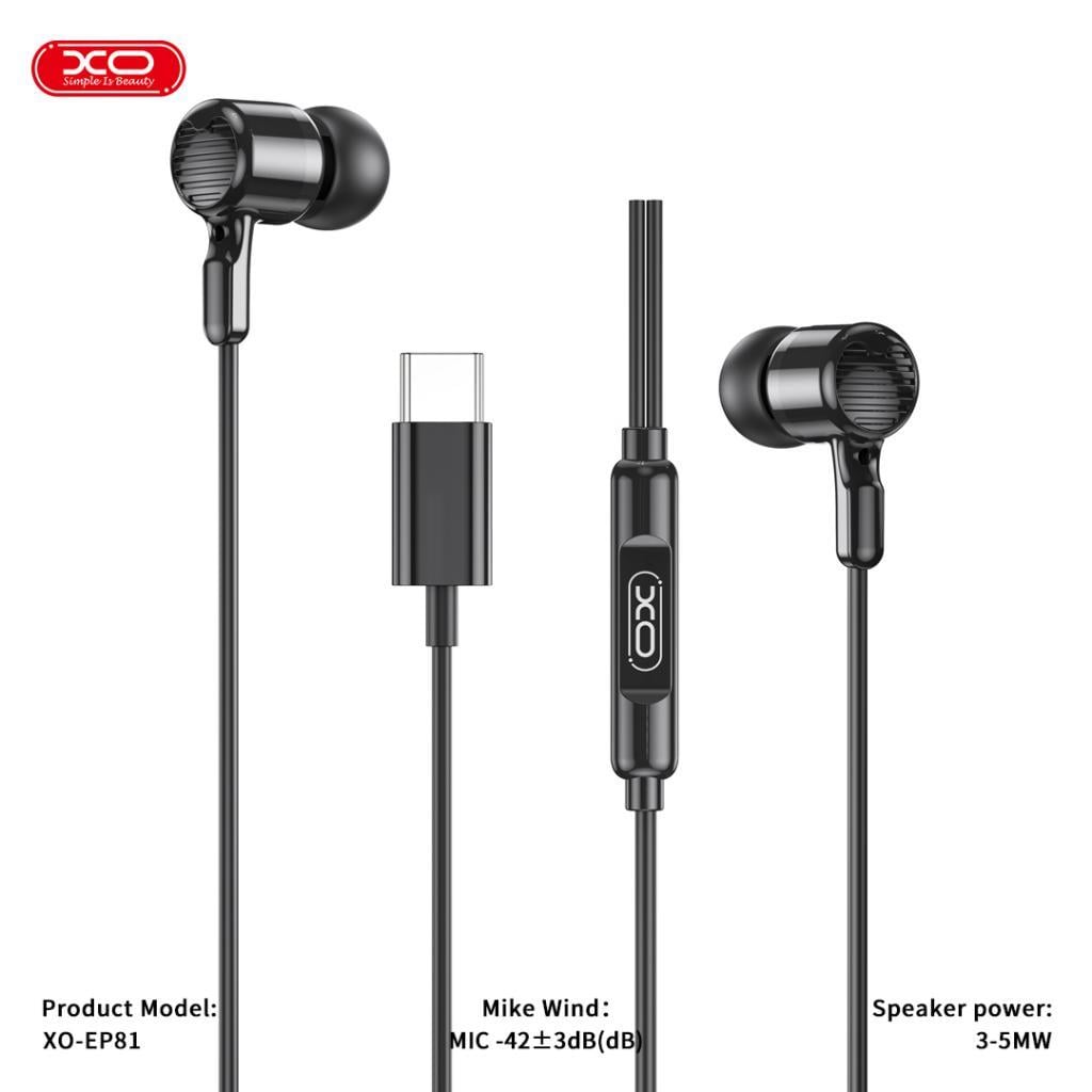 XO EP81 Kulak İçi Silikonlu Type-C Kablolu Stereo Kulaklık Siyah