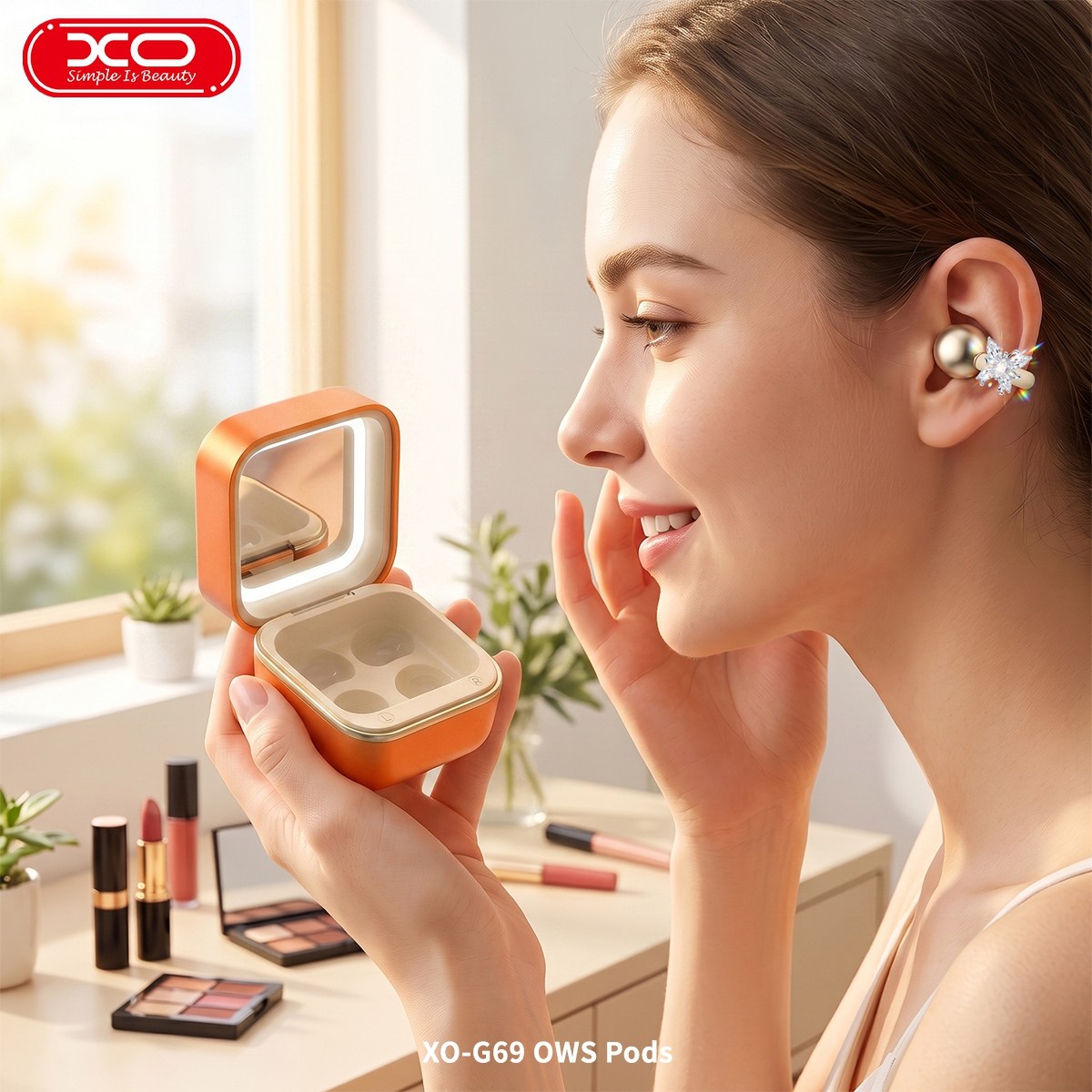XO G69 Diamond Ring OWS Kulak Klipsli Bluetooth Kulaklık – Işıklı Makyaj Aynalı ve Takı Aksesuarlı