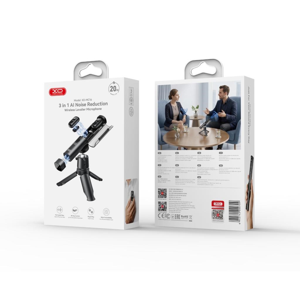 XO MC16 3'ü 1 Arada Kablosuz Yaka Mikrofonu – AI Gürültü Önleme, Çift Mikrofon, Type-C/Lightning Adaptör, Şarj Kutusu ve Tripod