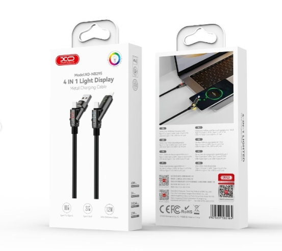 XO NB-295 4'ü 1 Arada Işıklı Ekran Metal Şarj Data Kablosu