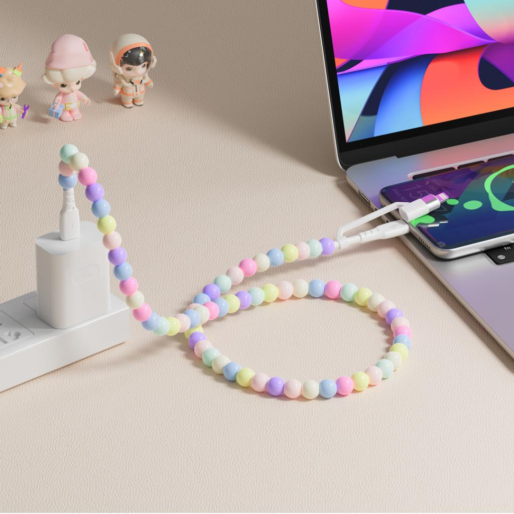 XO NB-Q301 60W 2 In 1 Type-C , Lightning , Type-C Renkli Boncuklu Akıllı Hızlı Şarj Chipli 1 Metre Şarj Data Kablosu