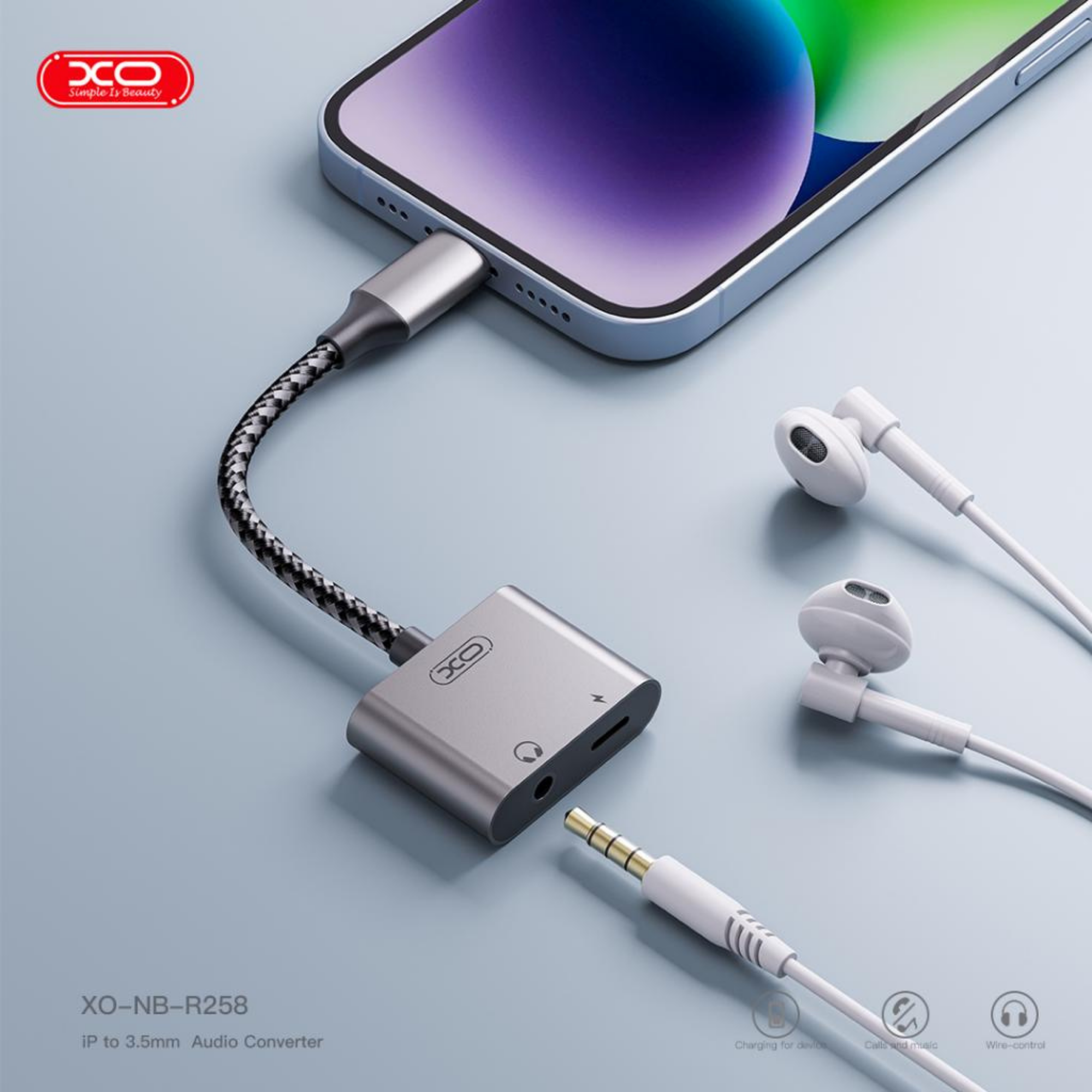 XO NB-R258B Lightning to 3.5 MM Aux Jack Kulaklık Şarj Girişli 2 in 1 Ses Dönüştürücü Adaptör Çevirici