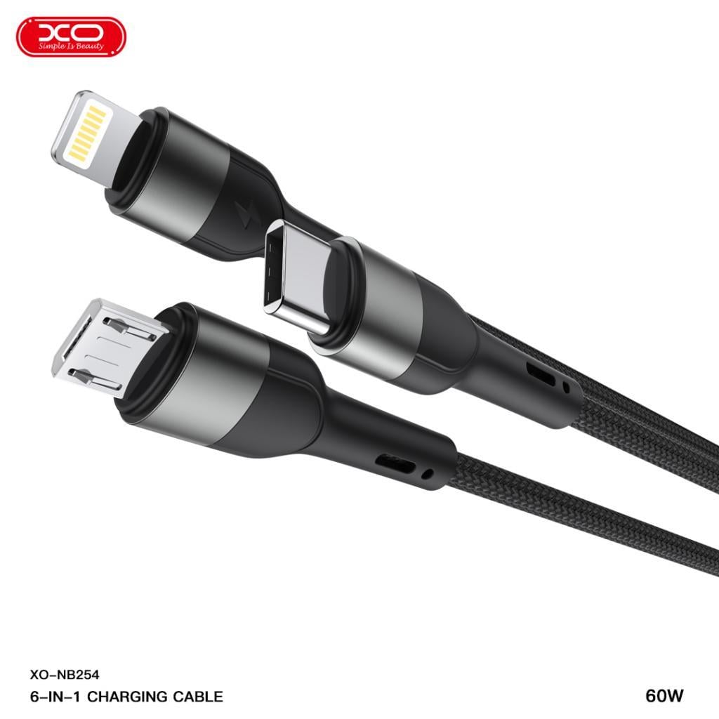 XO NB254 6in1 USB - USB-C + USB-C + microUSB + Lightning 1,2m Şarj Kablosu