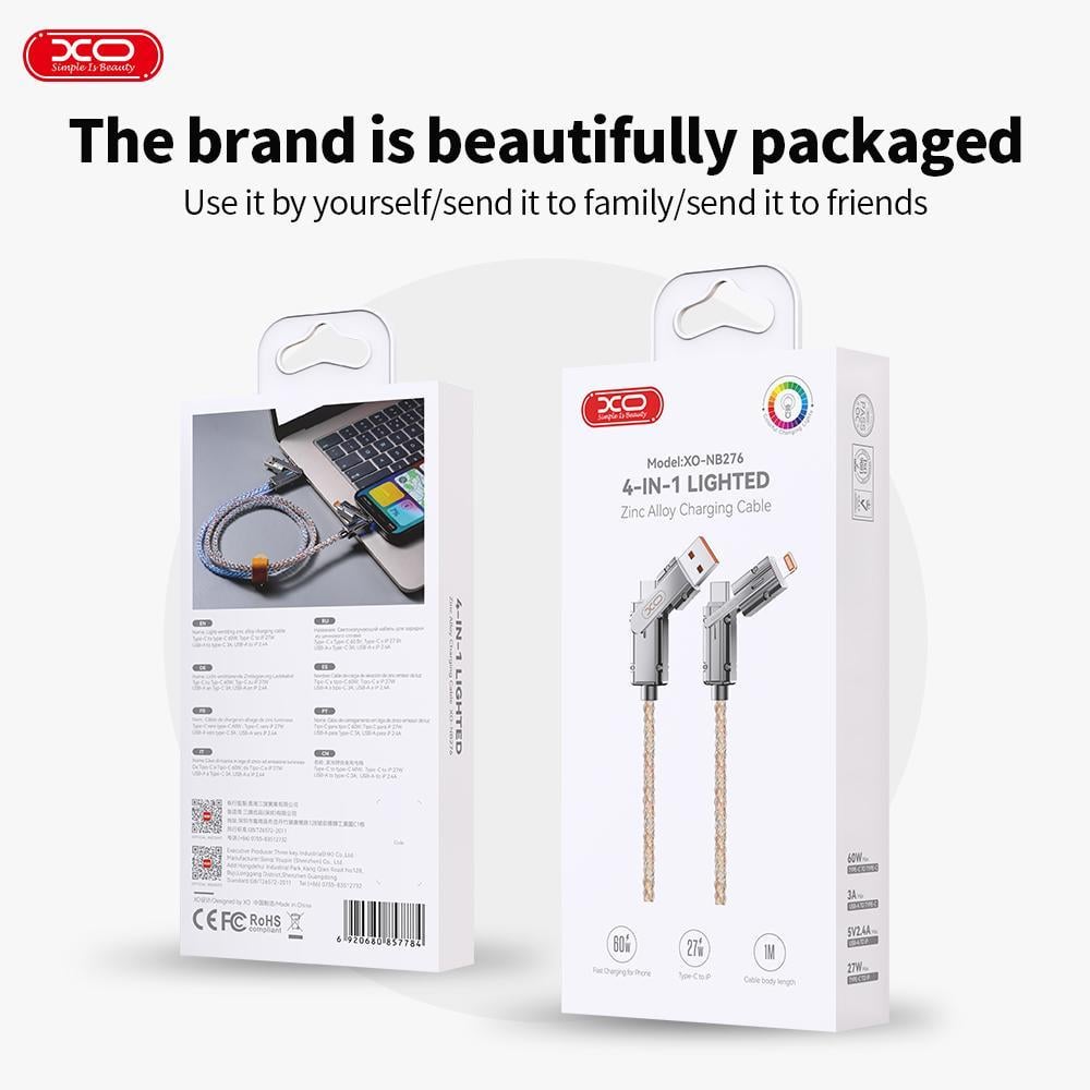 XO NB276 4-in-1 Işıklı Type-C to lightining to USB-A 60W Fast Hızlı Şarj Kablosu