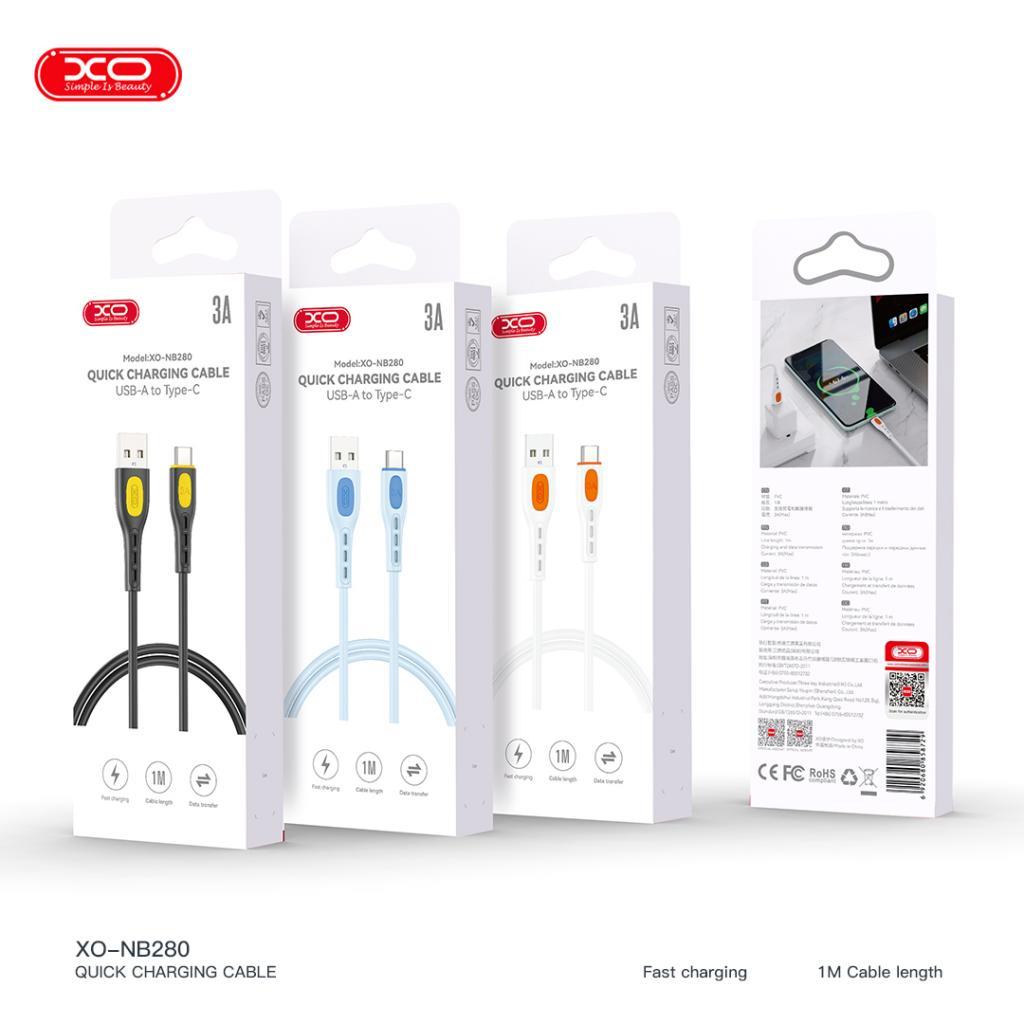 XO NB280 3A Q.C Hızlı Fast Destekli USB-A to Type-C Dayanıklı Silikon Data Şarj Kablosu