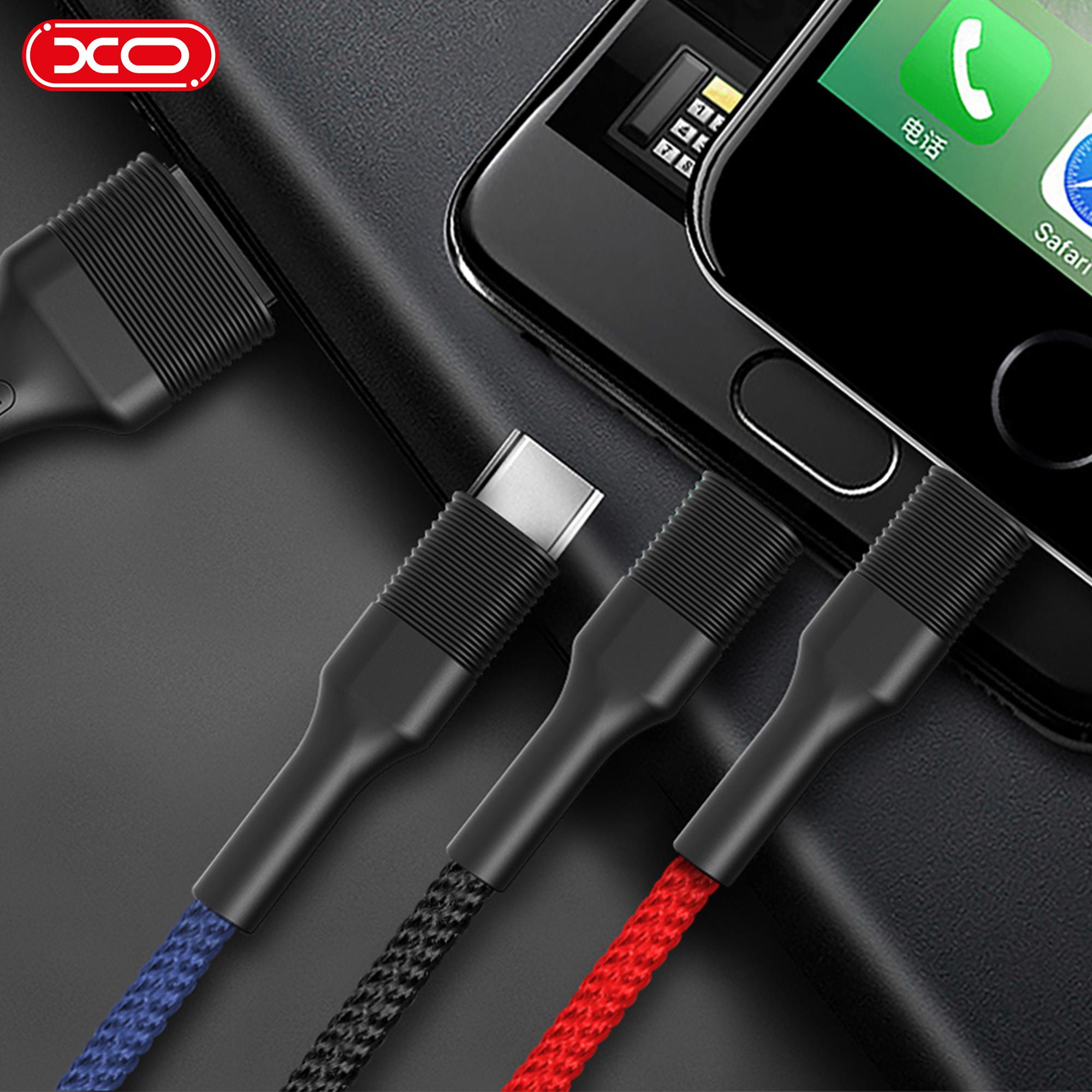 XO NB54 3A Hızlı Fast Destekli USB-A to TYPE-C - Micro - Lightning 3 in 1 Hasır 1.2 Metre Data Şarj Kablosu