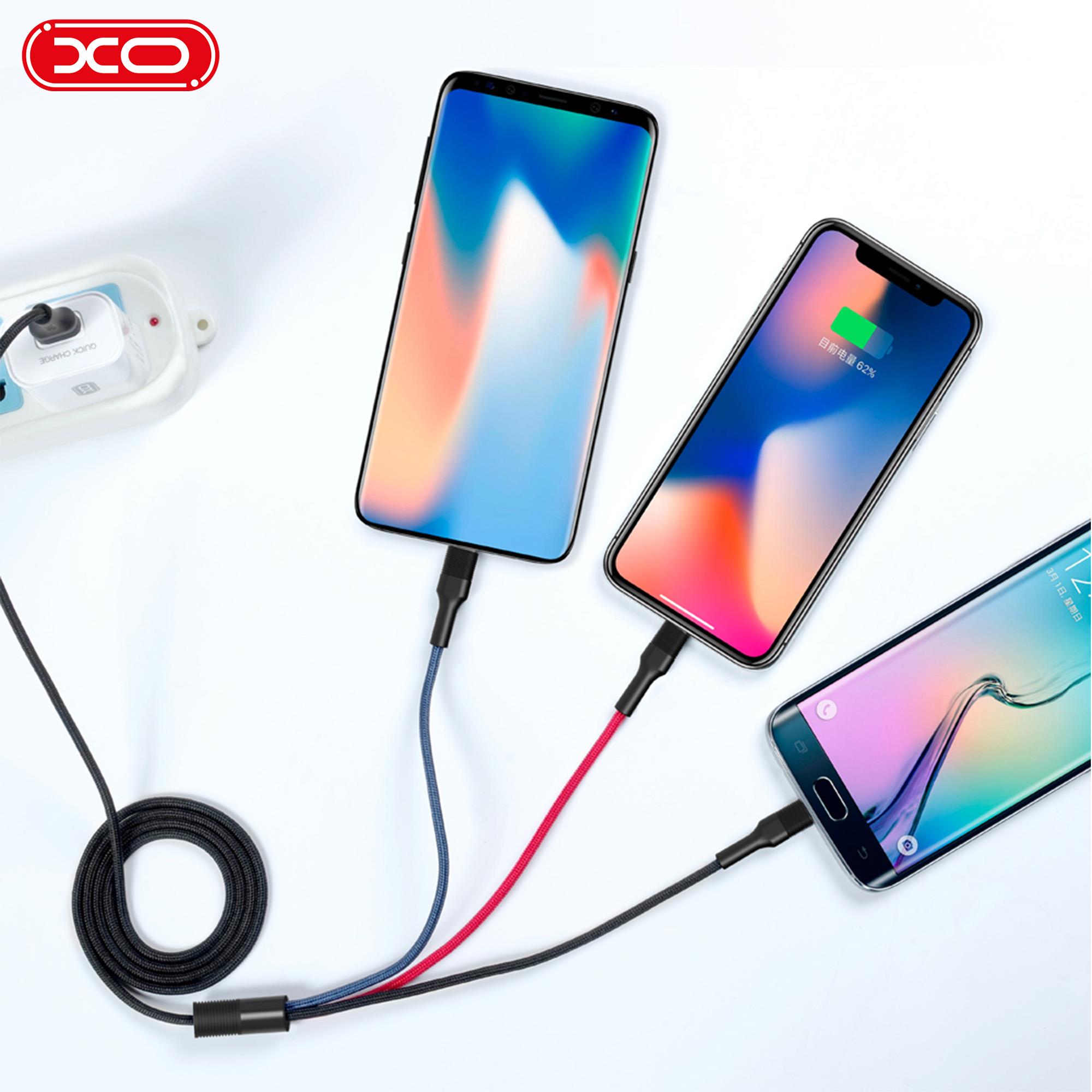 XO NB54 3A Hızlı Fast Destekli USB-A to TYPE-C - Micro - Lightning 3 in 1 Hasır 1.2 Metre Data Şarj Kablosu