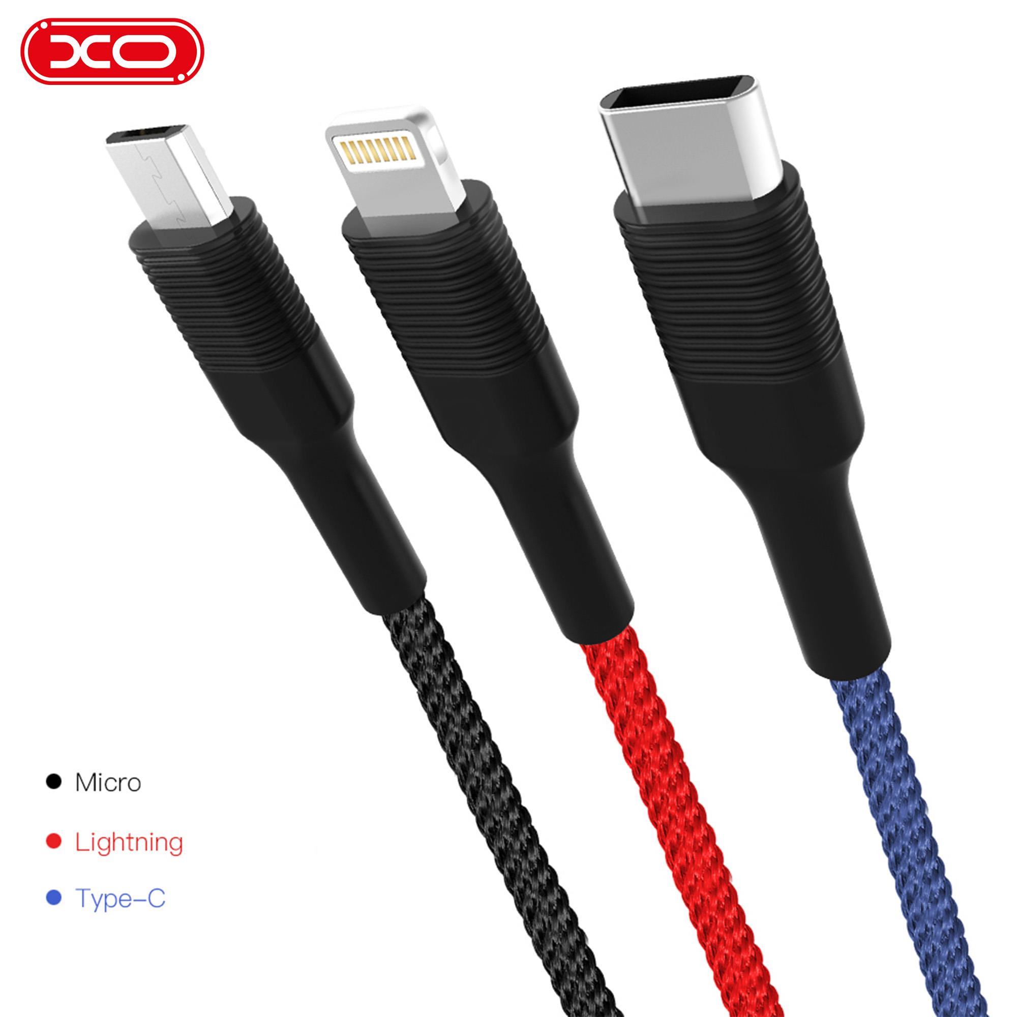 XO NB54 3A Hızlı Fast Destekli USB-A to TYPE-C - Micro - Lightning 3 in 1 Hasır 1.2 Metre Data Şarj Kablosu