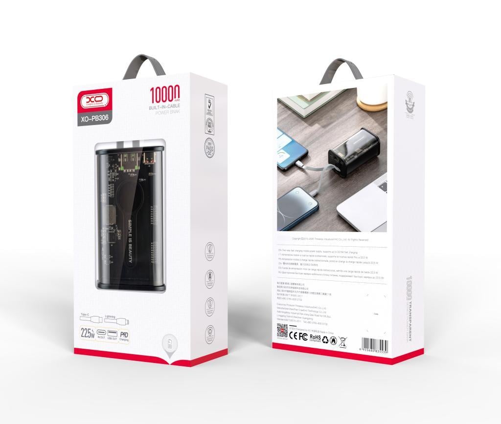 XO PB306 22.5W PD Fast Hızlı TYPE-C (USB-C) Lightning Kablolu Çift Çıkışlı 10000 mAh Powerbank Şarj Aleti