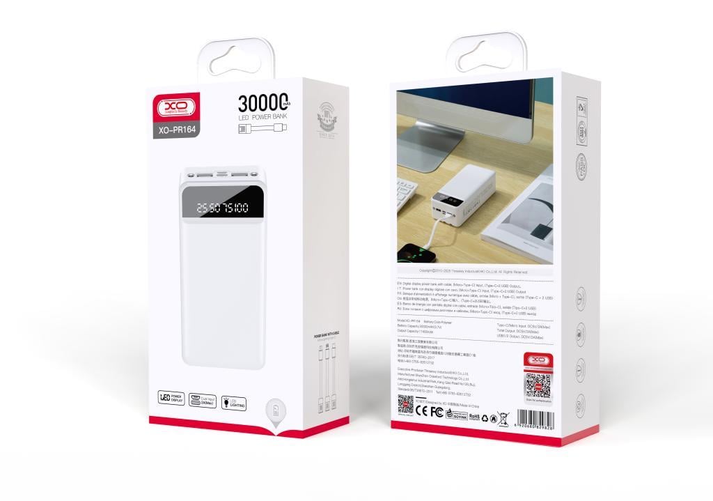 XO PR164 30000 mAh PD QC Fast Hızlı 2 USB-A TYPE-C (USB-C) Mikro 4 Çıkışlı Ekranlı Powerbank Şarj Aleti