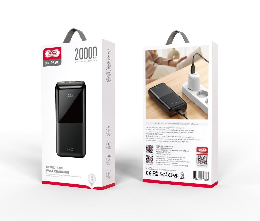 XO PR206 22.5W PD Hızlı Fast Çift USB-A / TYPE-C (USB-C) 3 Çıkışlı Gösterge Ekranlı 20000 Mah Powerbank Şarj Aleti