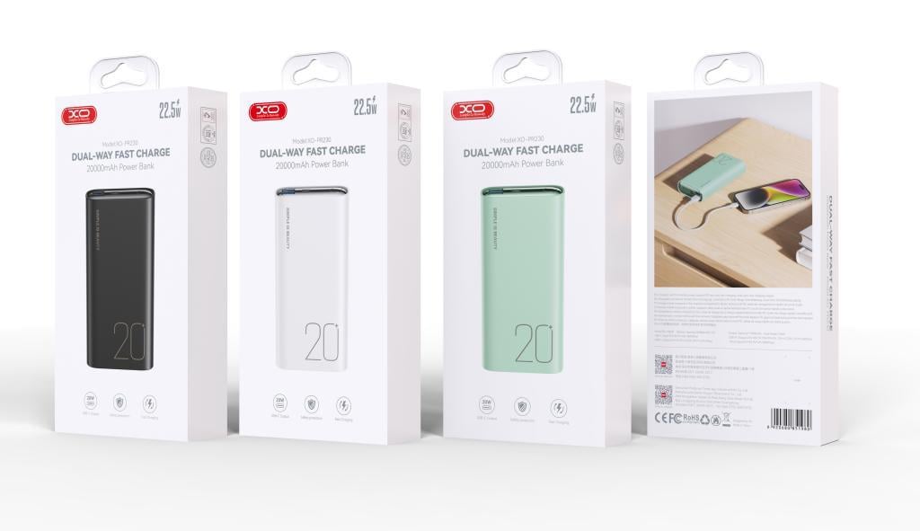 XO PR230 Taşınabilir 22.5W Hızlı Şarj 20W USB-C Port 2 USB-A Port LED Göstergeli 20000mAh Powerbank