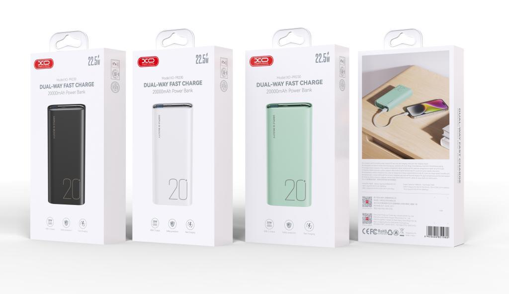 XO PR230 Taşınabilir 22.5W Hızlı Şarj 20W USB-C Port 2 USB-A Port LED Göstergeli 20000mAh Powerbank