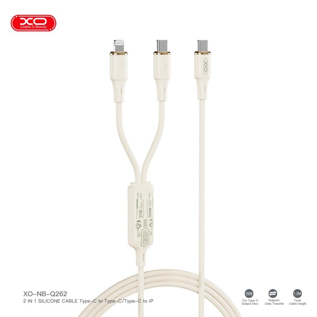 XO Q262 2in1 100W Type-C to Type-C to Lightning Silikon 1.2 Metre Şarj ve Data Kablosu