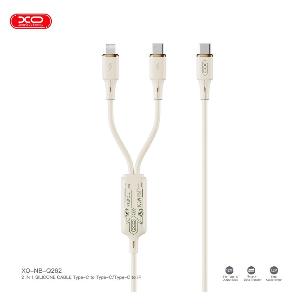 XO Q262 2in1 100W Type-C to Type-C to Lightning Silikon 1.2 Metre Şarj ve Data Kablosu